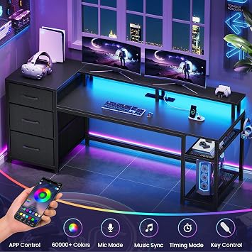 SEDETA 59 Office Desk with Drawers, Reversible Computer Desk with File Drawers & Storage, Gaming Desk with LED Lights & Power Outlet, Home Office Desks for Printer, Black