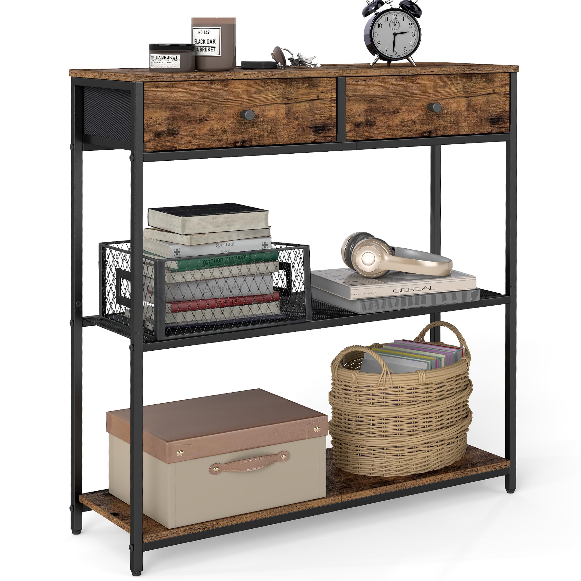 Vasagle Narrow Console Table With 2 Fabric Drawers, 3-Tier Entryway Sofa Table, 24 X 76 X 80 Cm, For Hallway, Living Room, Rustic And Ink Brown/Black