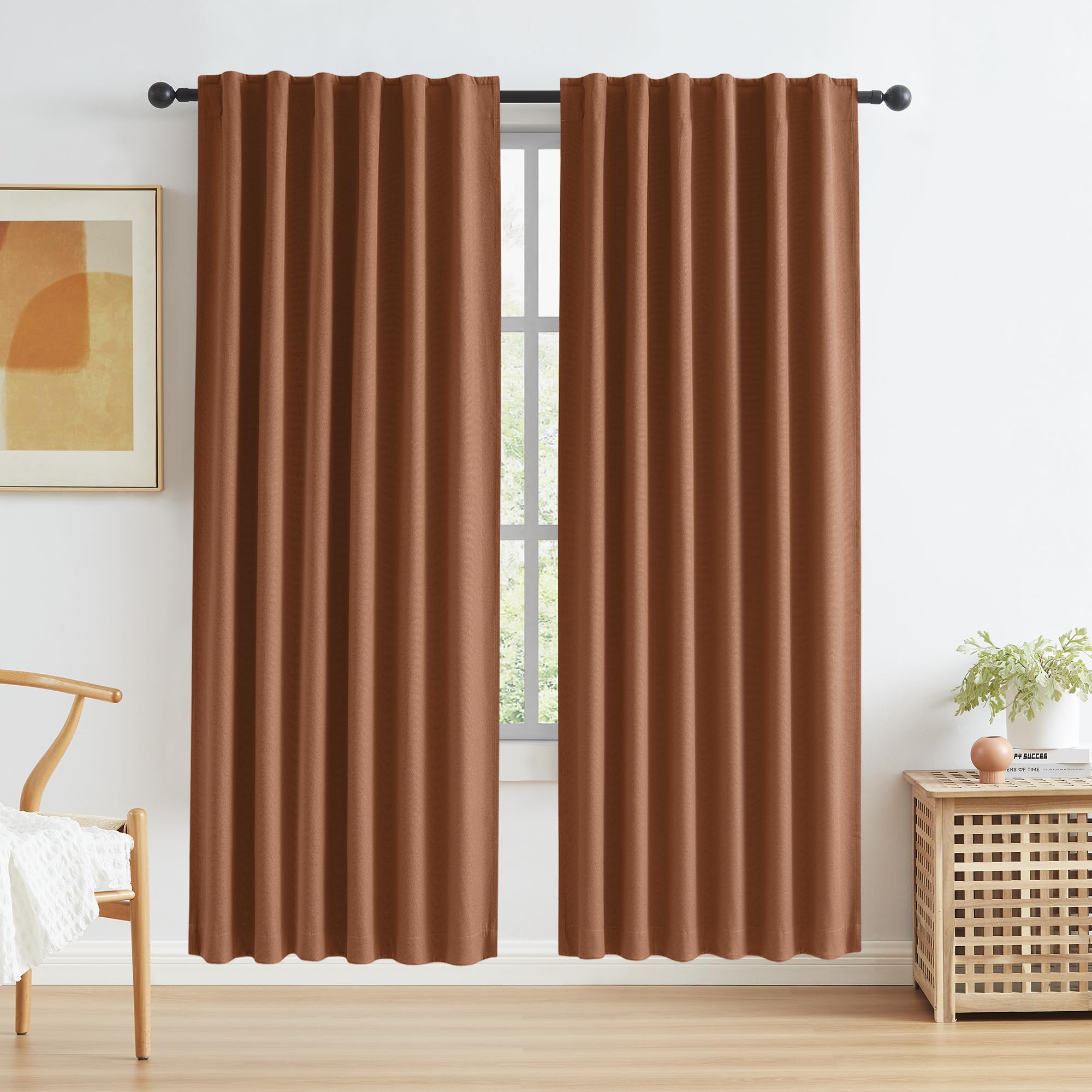 KEQIAOSUOCAI 80 Inch Rust Terracotta Blackout Curtains Linen for Bedroom 2 Panels Set Fall Decor Back Tab Pocket Hook Belt Brick Rust Boho Curtains for Living Room W50 x L80