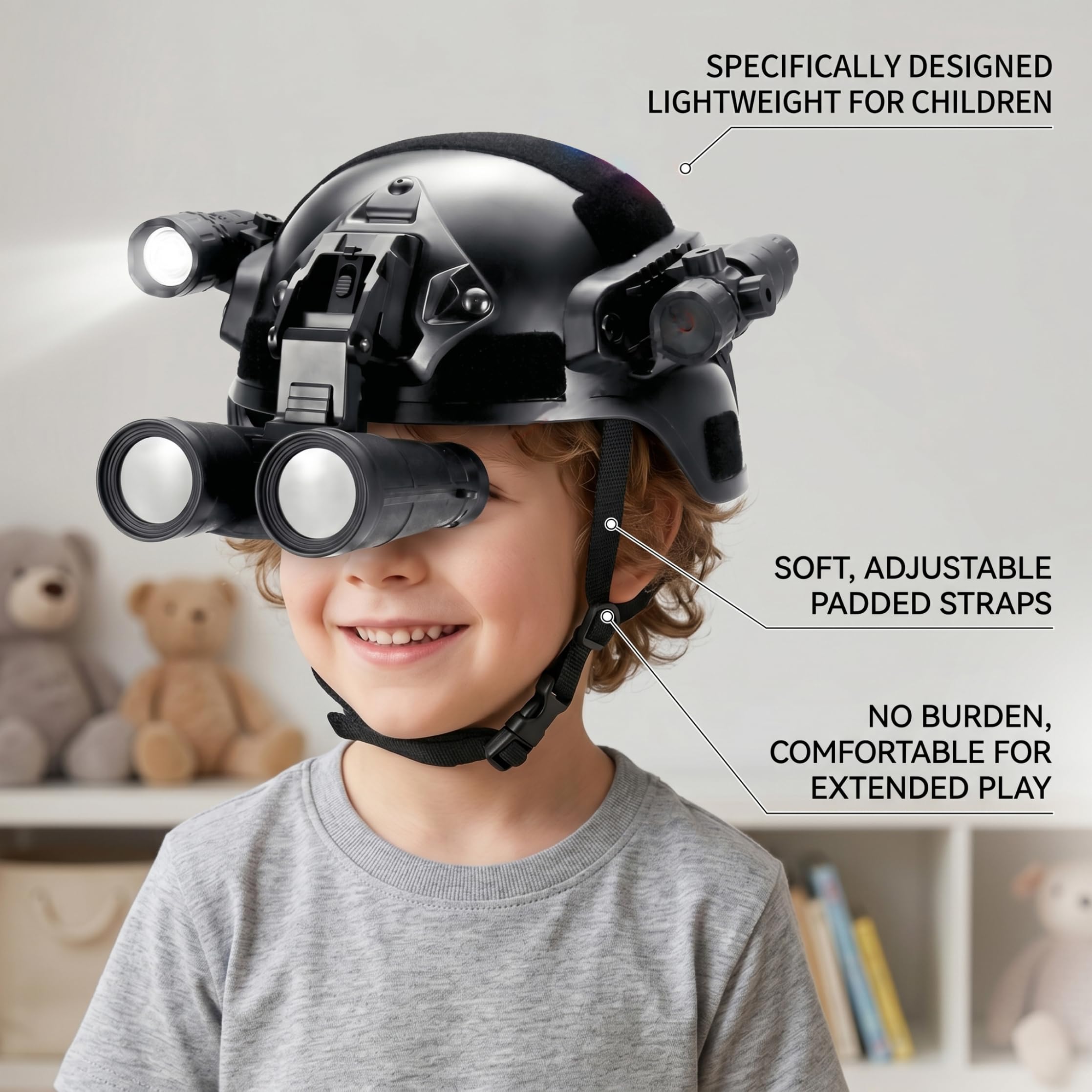 Casco balistico, Casco Leggero per Bambini con telescopio e Torcia Set Completo Airsoft e Costume Militare Cosplay con Guide modulari, Nero