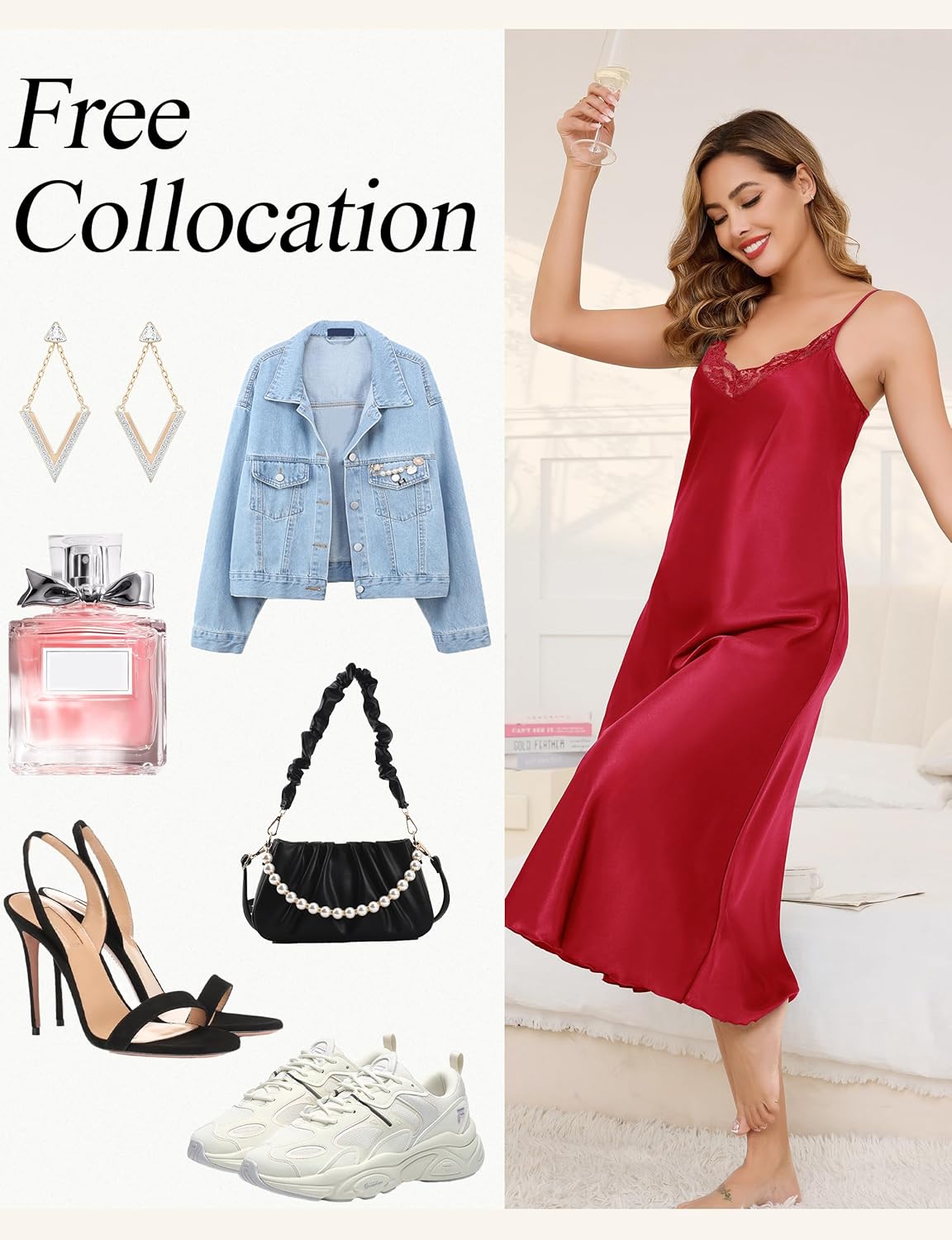 Vlazom Women's Satin Nightgowns Sexy Lingerie Long Nightgowns Satin Silk Negligee V Neck Lace Chemise Sleepwear S-XXL - Image 5