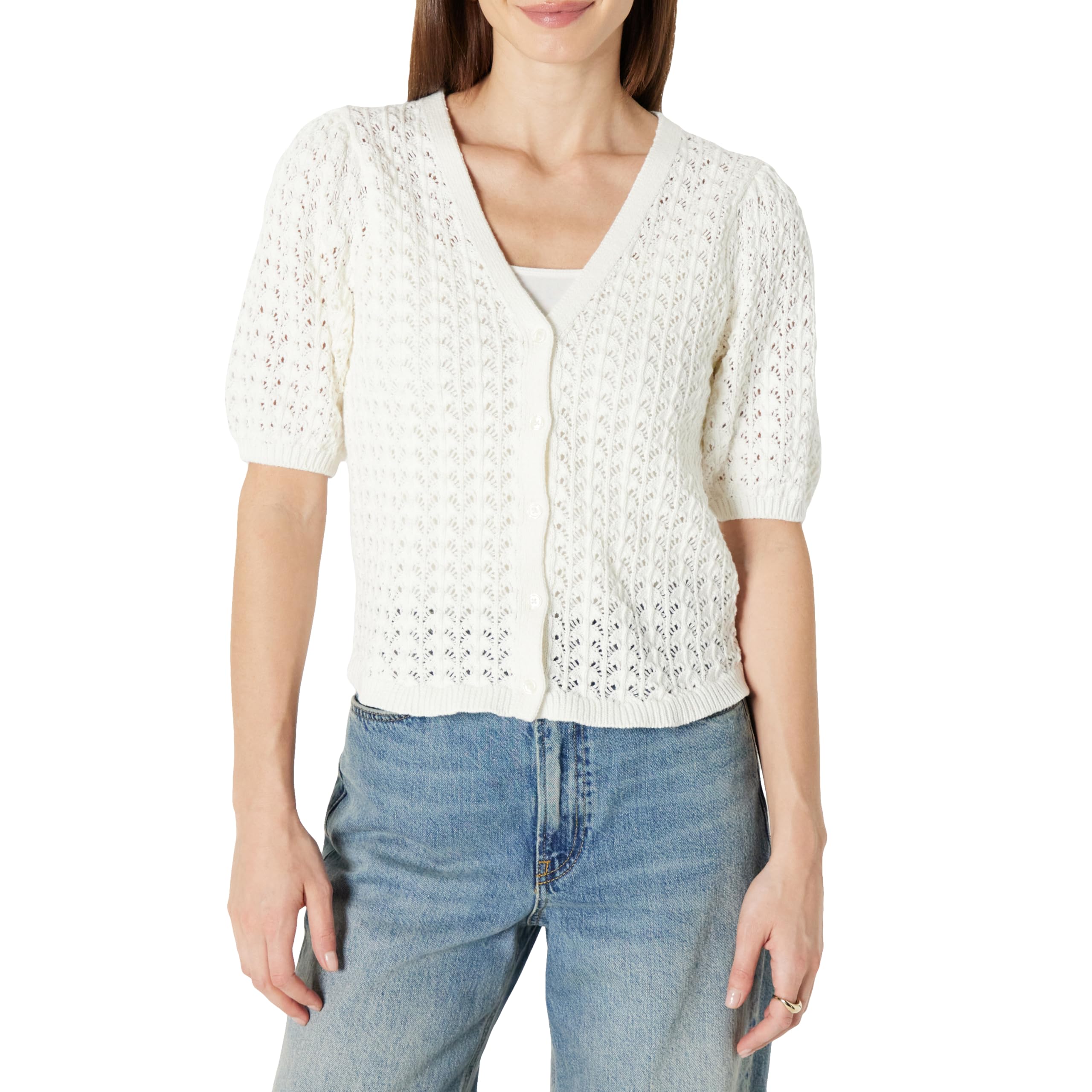 Amazon Essentials Donna Cardigan a Maniche Corte all'Uncinetto dalla vestibilità Comoda