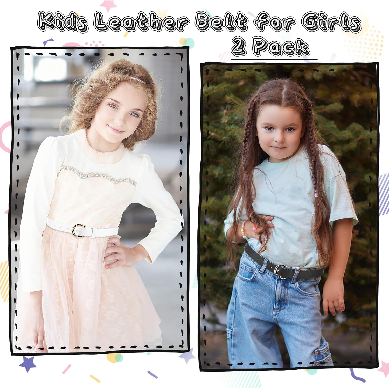 2 PCS Girls Belt 32.3" Elastic Leather Kids Belt, Exquisite Comfortable Skinny Strappy Waist Belt with Double O Ring Buckle (Black/White) - Image 4