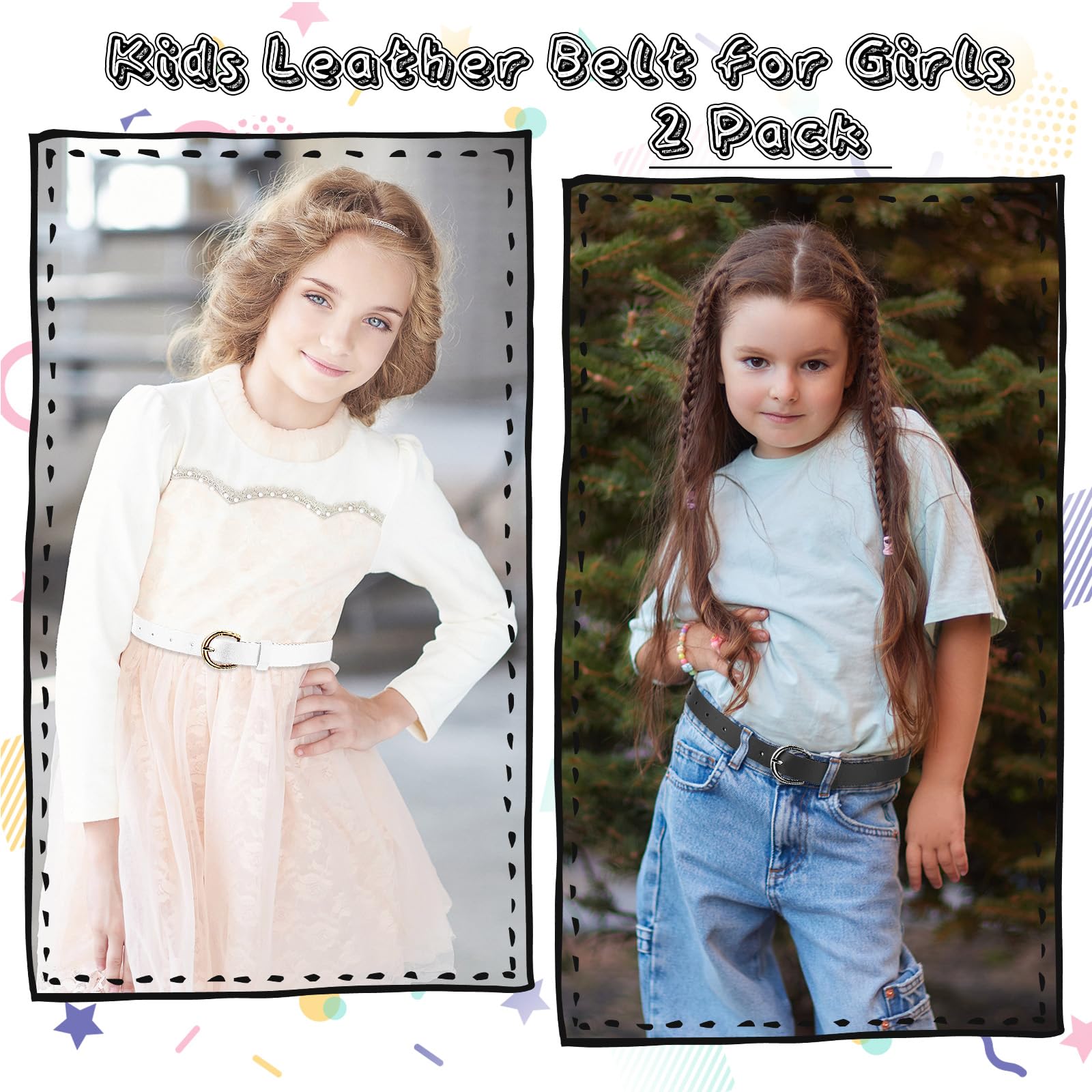 Lot de 2 ceintures pour filles de 82 cm en cuir élastique pour enfants, exquises et confortables avec double boucle en O