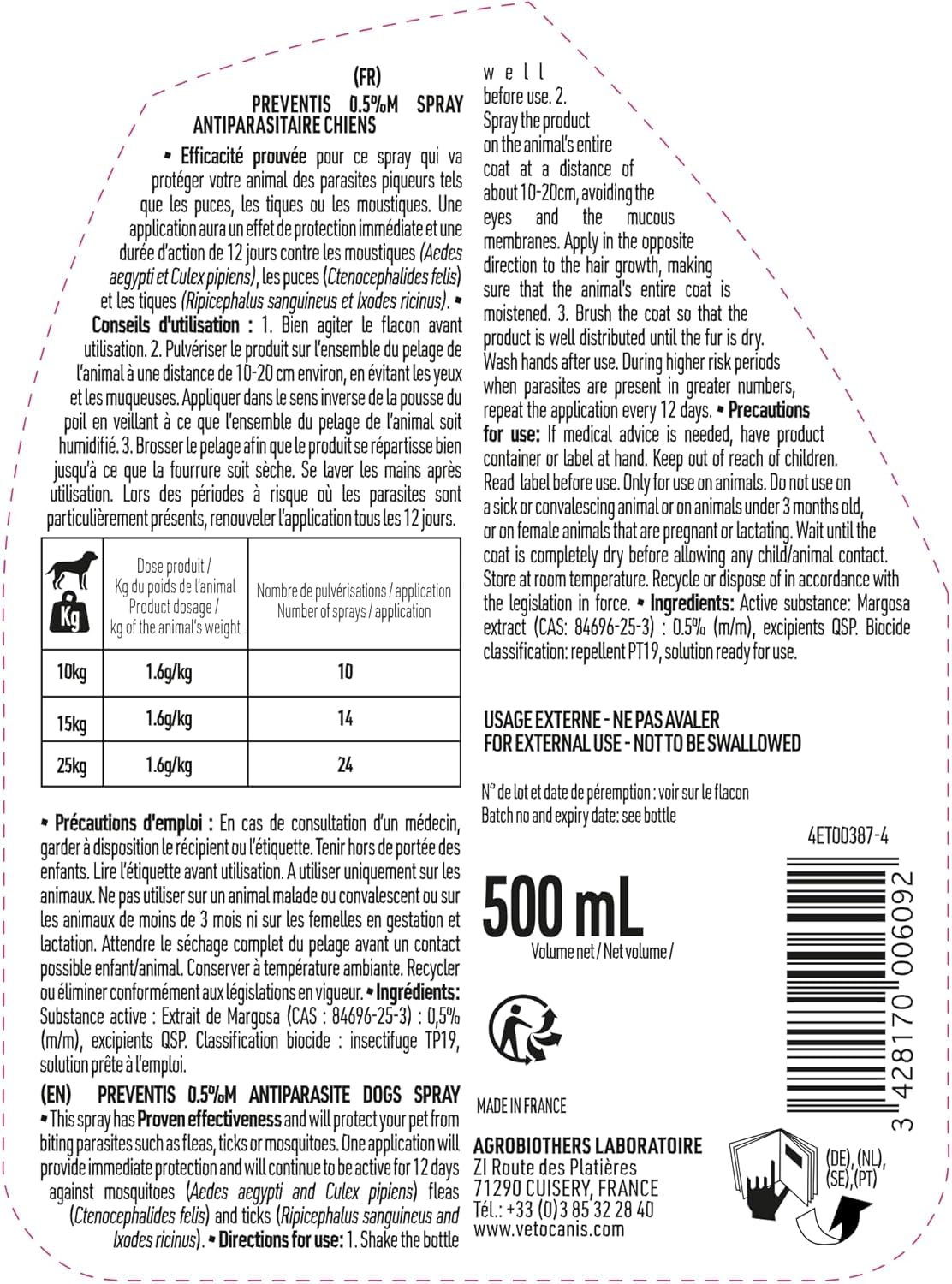 VETOCANIS, Spray Anti-puces et Anti-Tiques et Anti-Moustiques pour Chien, Spray Antiparasitaire 500ML, Répulsif Efficace 12 JOURS
