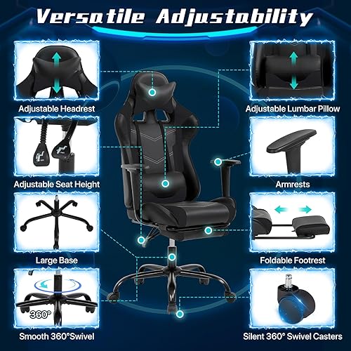 Miniatura 5 de Silla ergonómica para juegos con reposapiés, respaldo alto, silla de escritorio de oficina de piel sintética para adultos y adolescentes, silla