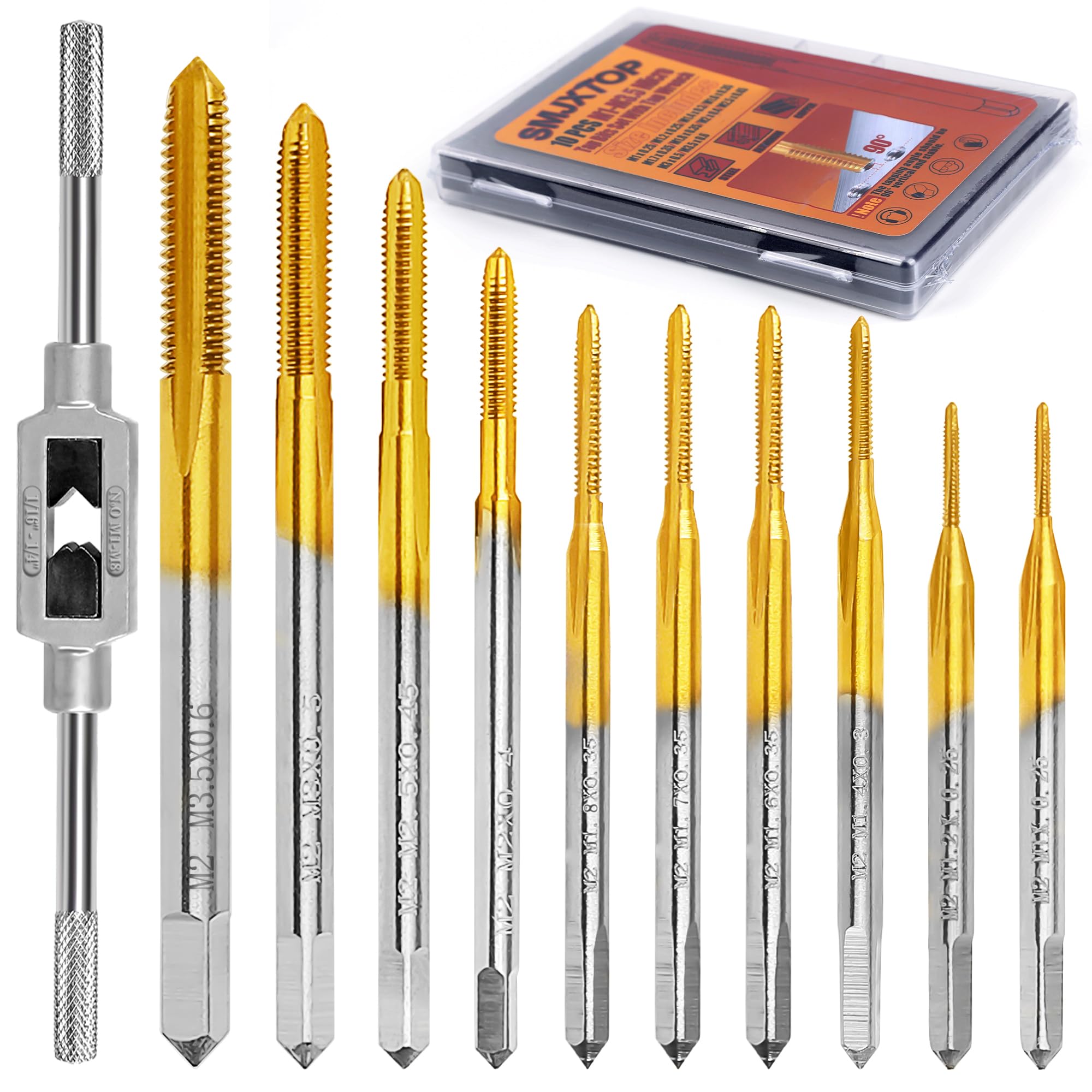 SMXJTOP 10pcs Micro Metric Taps Bits Set with 1Pc Tap Wrench,M1-M3.5 Mini Machine Screw Tap Set, Small Thread Screws Tapping Bits Tool-image-40