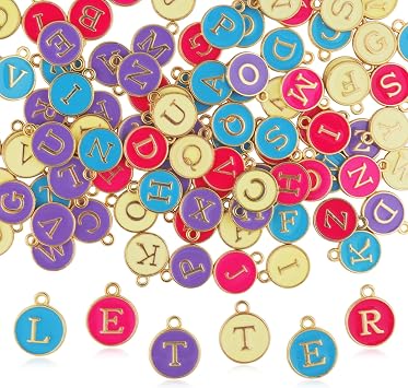 Demearly 104 PCS Enamel Alphabet Initial Charms A-Z Double-Sided Flat Round Letter Charms for Crafts Making, Bracelet, Bag, DIY Gifts, Keychain Hot Pink, Purple, Blue, Champagne