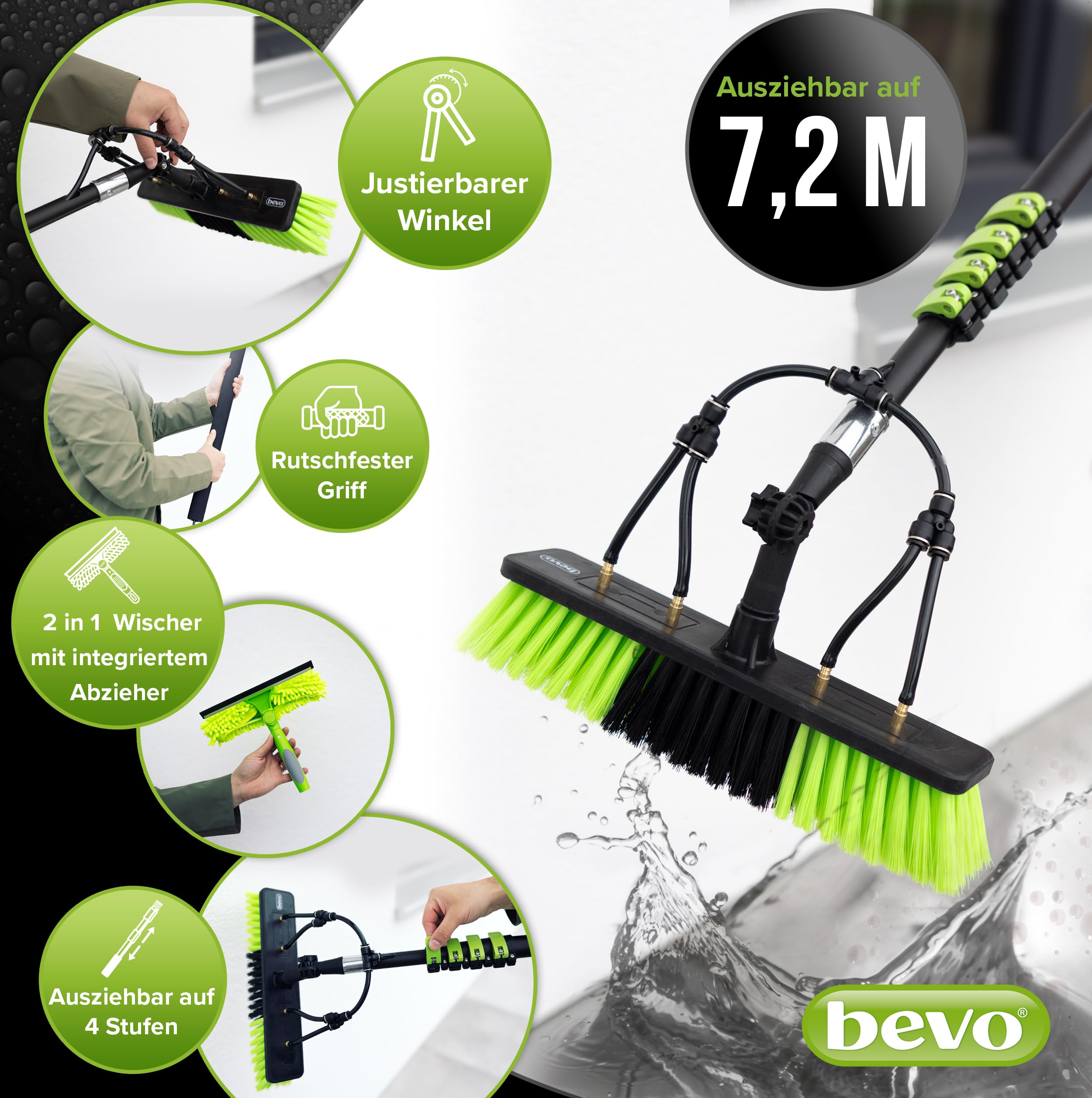 bevo - 4in1 Teleskop Waschbürste 7,2 M für Photovoltaik, Fenster, Wohnmobil & Dach-Reinigung - Teleskopstange & Teleskopbürste Reinigungs-Set mit Wasseranschluss, Reinigungs-Bürste & Wischer PV Anlage
