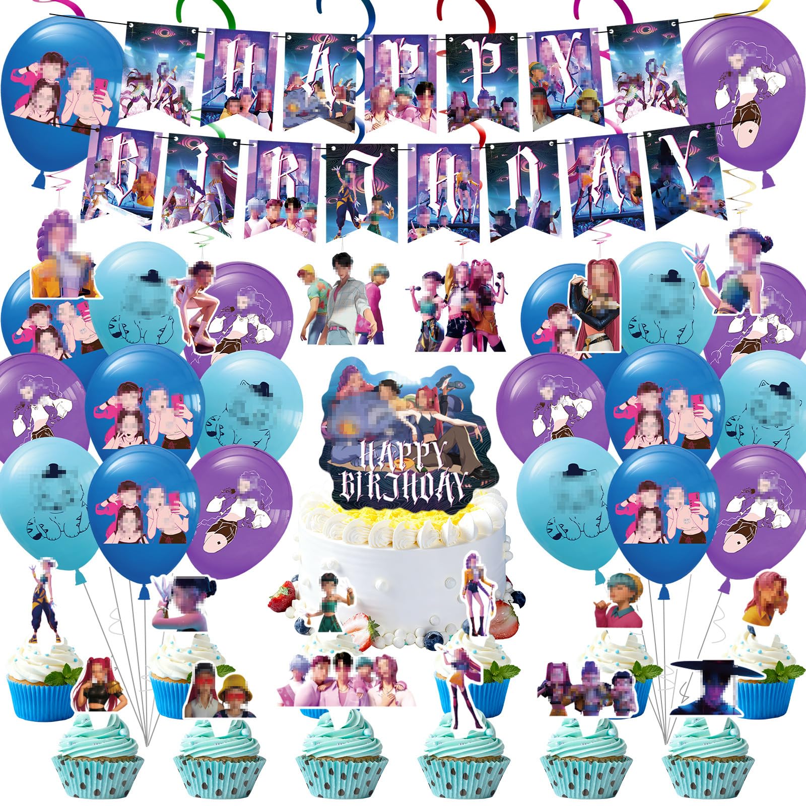 Kpop Birthday Decorations for Girls- K Pop Kids Party Decorations with Cartoon Birthday Balloons Happy Birthday Banner Hanging Swirls Cake Toppers Decorations for Theme Party Supplies