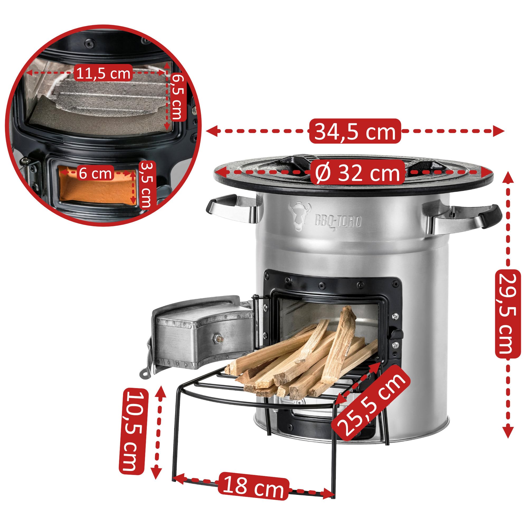 BBQ-Toro Raketenofen RAKETE #2 | Rocket Stove für Dutch Oven, Grillpfannen und vieles mehr | Rocketstove mit Brennholzgestell und Zuluftöffnungen | Feuerstelle für Dutch Oven