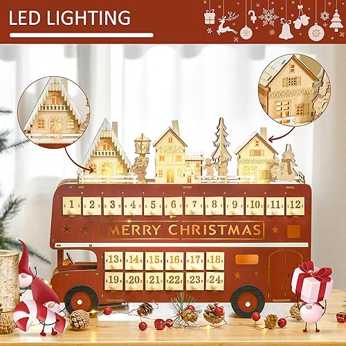 Miniatura 4 de HOMCOM Calendario de Adviento de Navidad, mesa iluminada, decoración navideña de autobús de madera con cajón de cuenta regresiva, casa de calle de