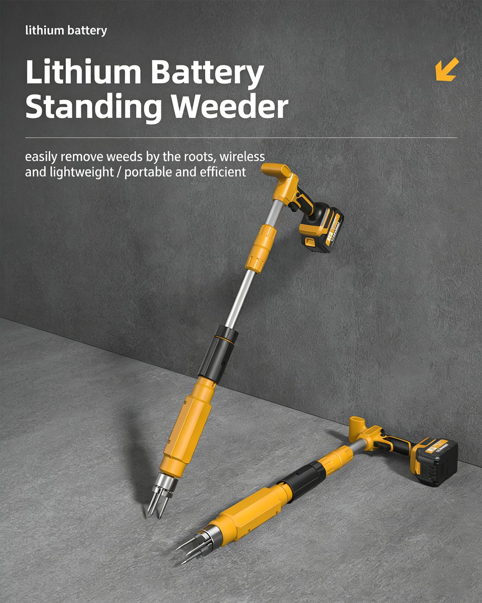 Désherbant sans fil avec manche télescopique réglable en aluminium et 2 batteries, griffes triangulaires haute dureté pour un jardinage efficace, léger et durable