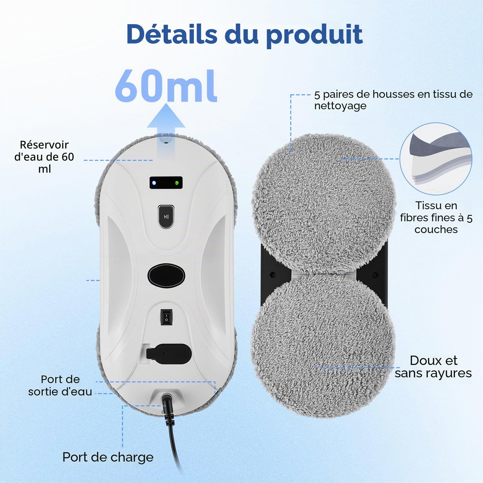Robot Laveur de Vitre, 5800Pa Robot Nettoyeur Vitre avec Double Pulvérisation D'eau, 3 Modes de Nettoyage, Télécommande, Navigation Intelligente, Protection Antichute＆10 Chiffons, Pour Surfaces Lisses