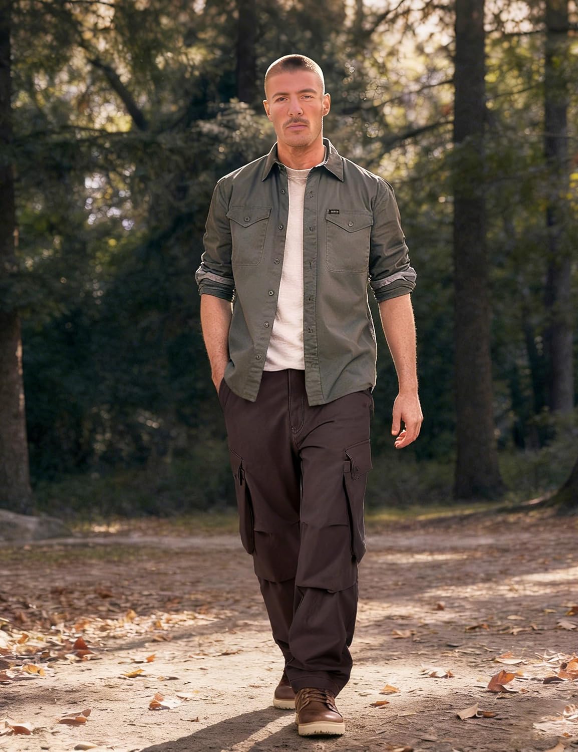 Plaid&Plain Men's Relaxed Fit Cargo Pants, Matte Cotton-Touch Multi-Pocket Casual Loose Fit Work Pants with Flex Waistband - Image 3