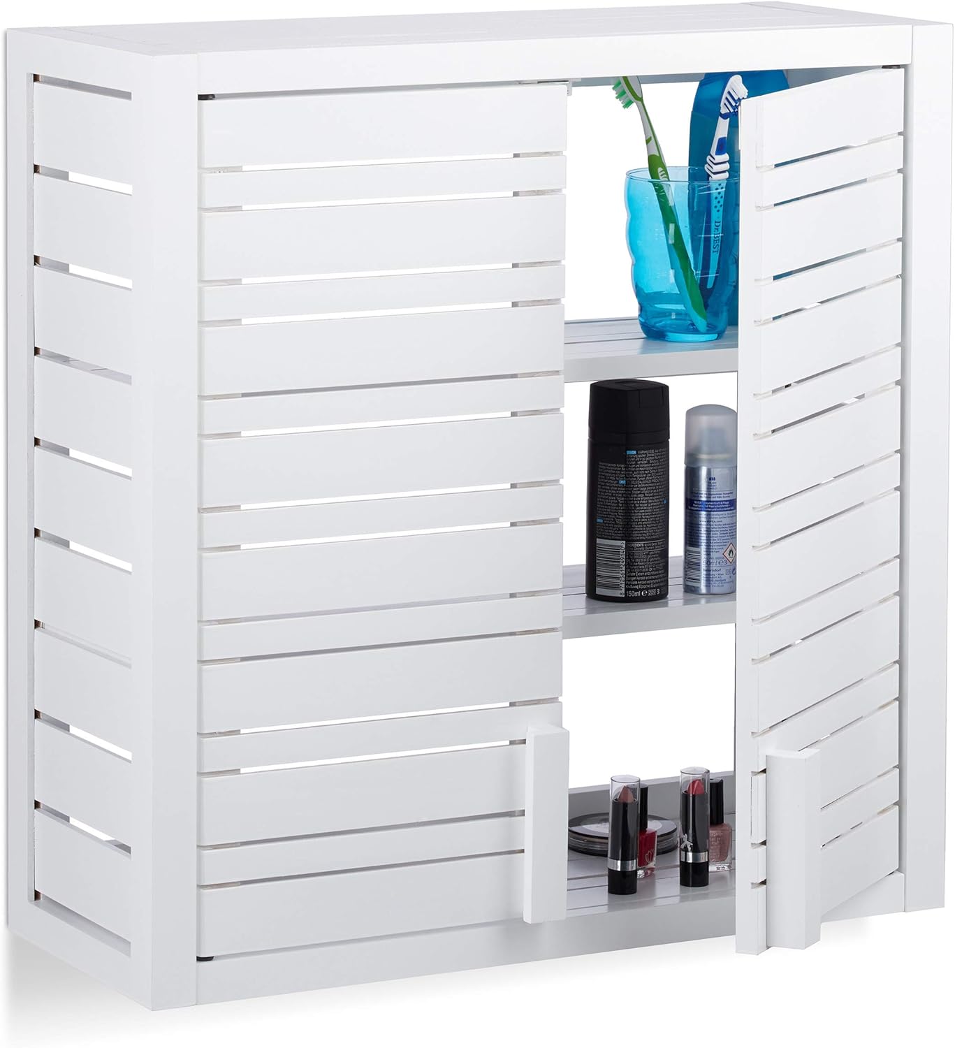 Relaxdays Bamboo Wall Shelf, 2 Doors, Adjustable Shelves, Square