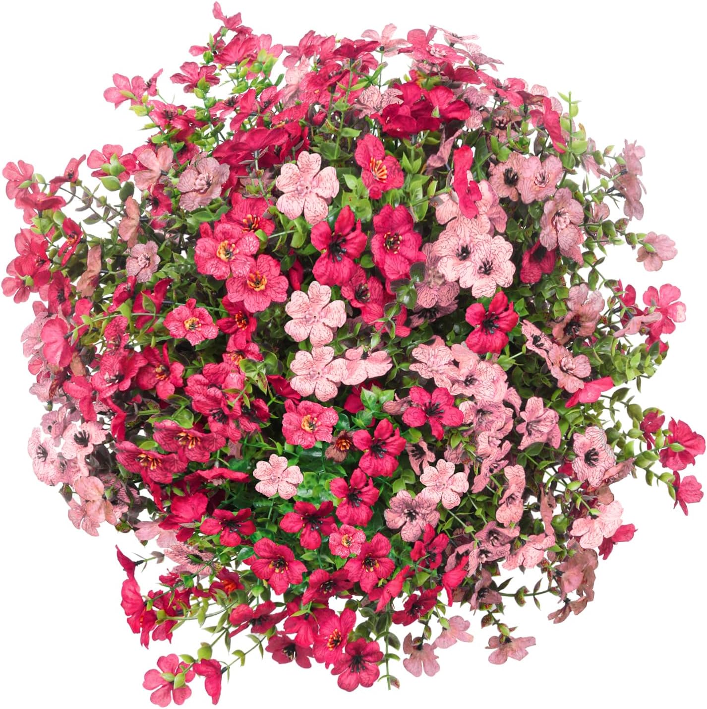 Artificial Hanging Faux Flowers Basket, Fake Silk Daisy Eucalyptus Plants Arrangement,for Spring Summer Outdoor Decoration,UV Resistant, Coconut Planter,Look Real for Home Garden Décor (Rosered Pink)