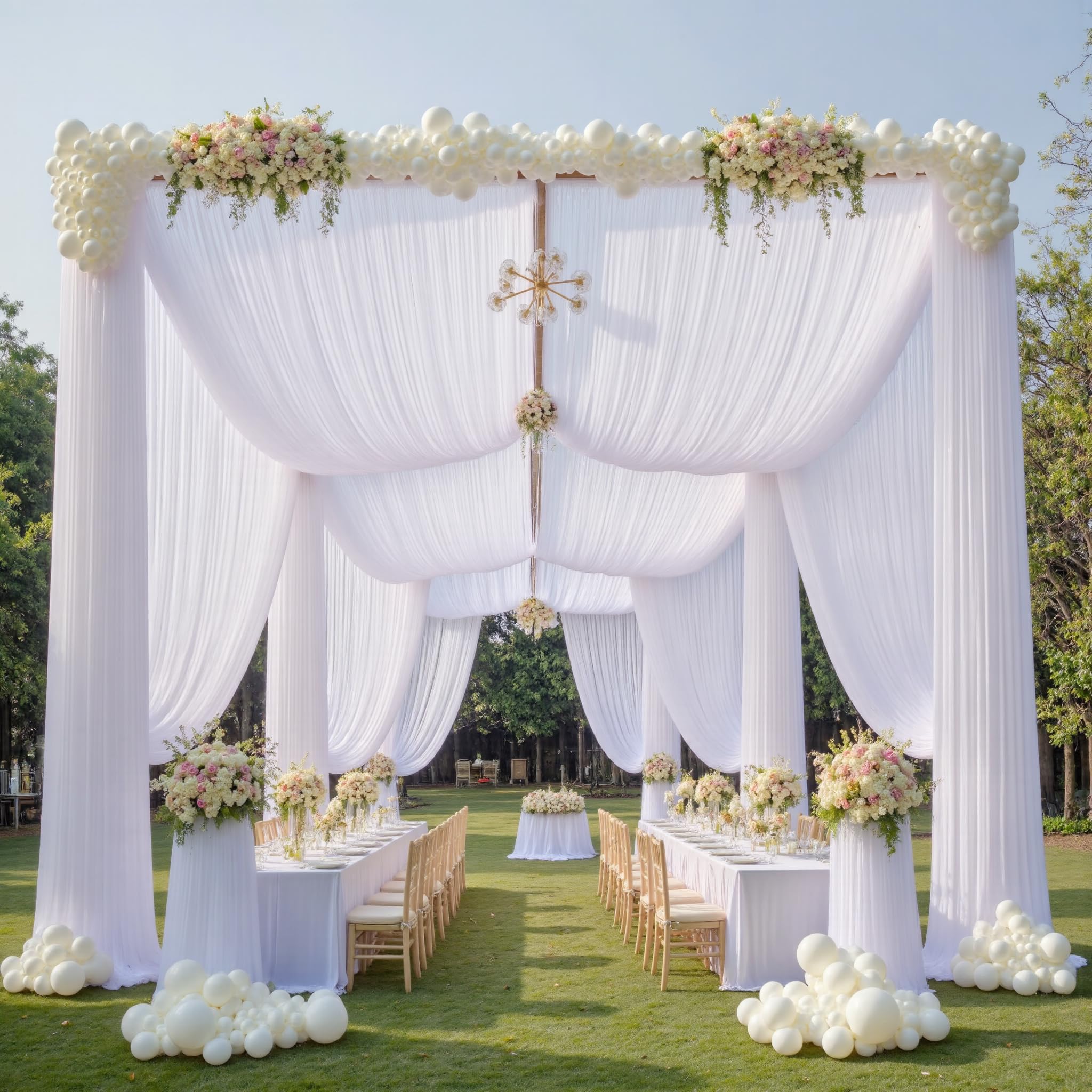 4 Paneele weiße Hochzeitsvorhänge, faltenfrei, Stoff-Baldachin, Deckenvorhänge für Zeremonie, Geburtstag, Themenpartys, mit Stangentasche