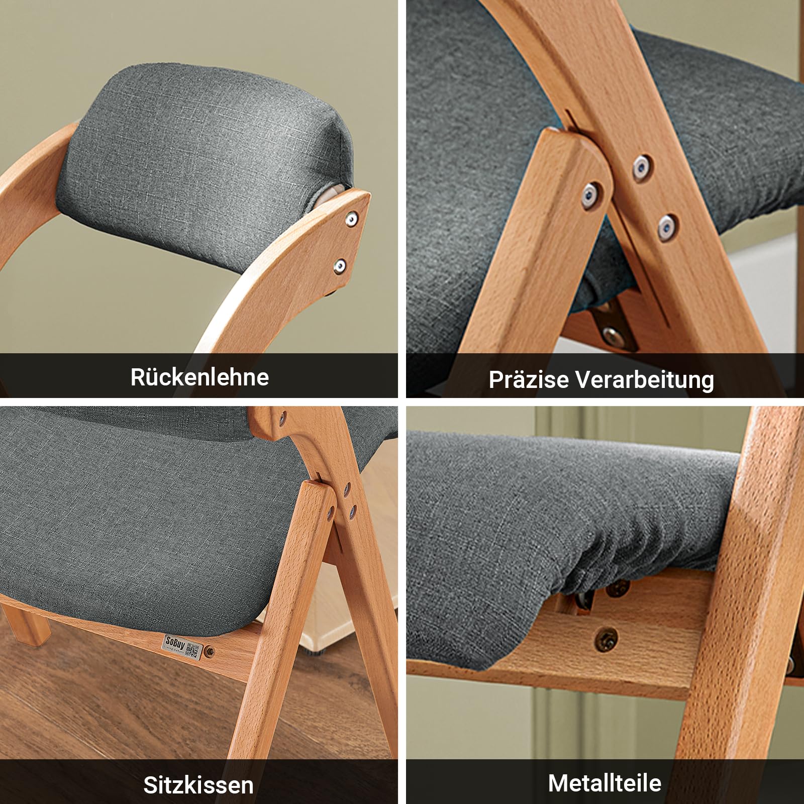 SoBuy Klappstuhl Holz gepolstert 2er Set - Ergonomischer Küchenstuhl & Esszimmerstuhl, Faltbar & Platzsparend, Fertig Montiert, Für Küche, Balkon, Büro, Dunkelgrau 47,5 x 77 x 59 cm FST92-SGx2
