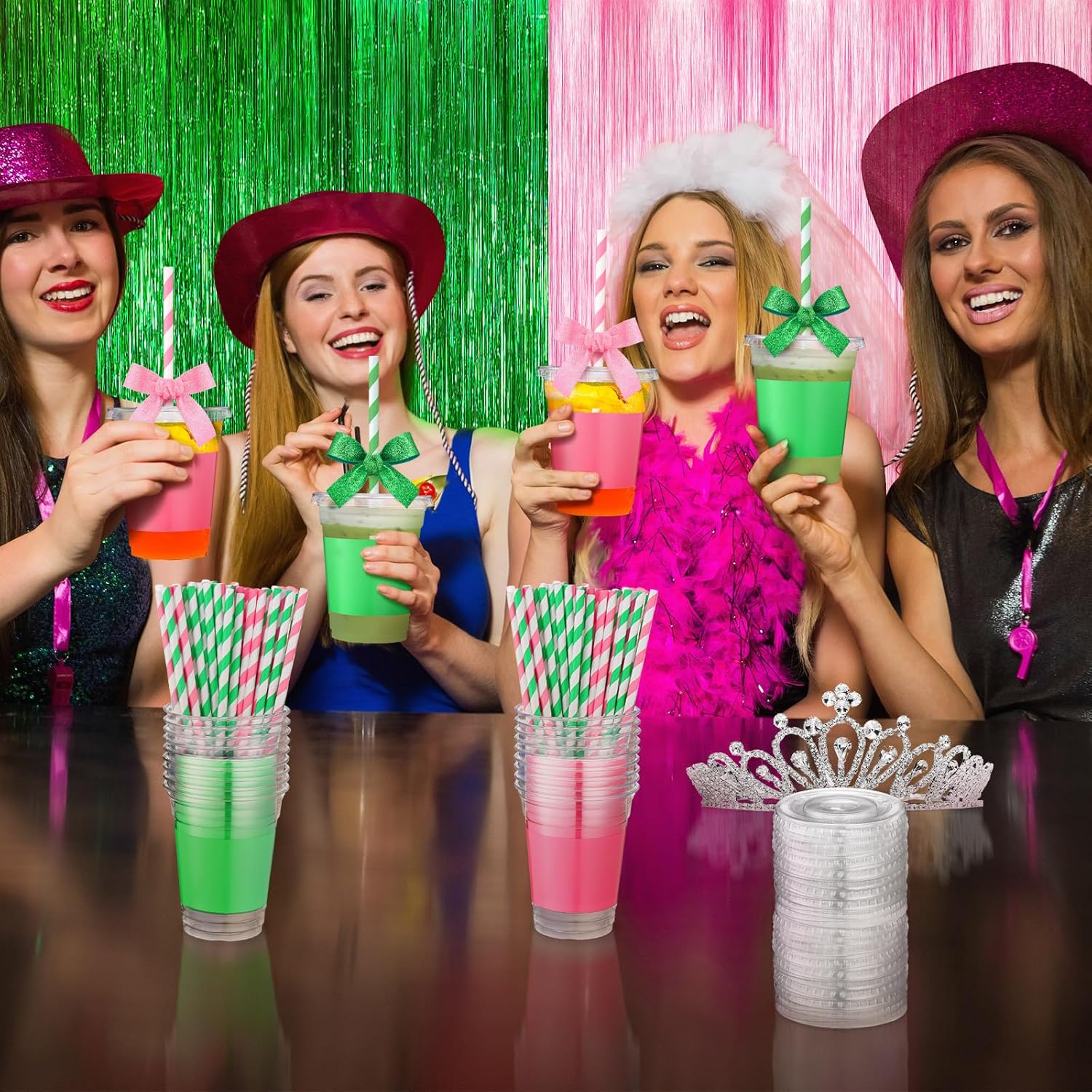 50 Pcs Party Disposable Plastic Cups 12 oz with Lids Straws Themed Party Supplies Plastic Tumbler for Birthday Table Decorations Favors(Solid Color,Pink and Green) - Image 5