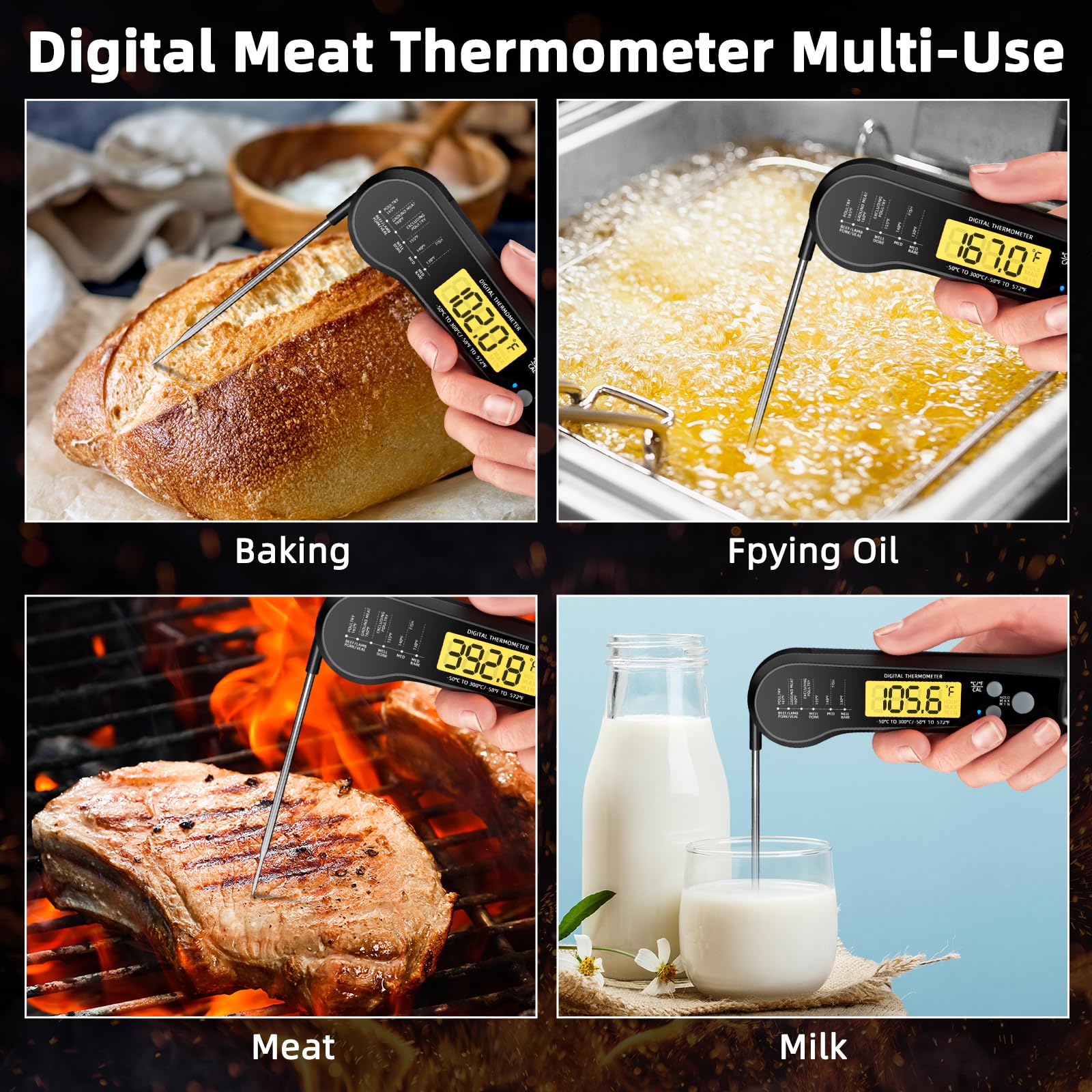Termómetro de carne de lectura instantánea para parrilla y barbacoa, termómetro digital de alimentos de precisión rápida con retroiluminación e impermeable para cocinar, hornear, pescado, líquidos