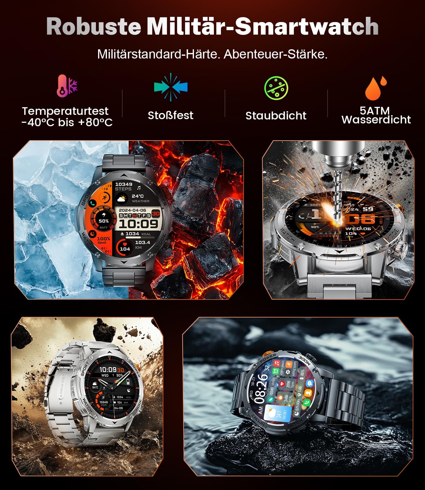 Smartwatch Herren Militär-1000mAh Akku/1.75'' HD Große Display,Smartwatch mit Taschenlampe/Bluetooth Anrufe/130+ Sportmodi,IP68 Wasserdicht Fitnessuhr mit Herzfrequenz/Schlafmonitor,für Android iOS