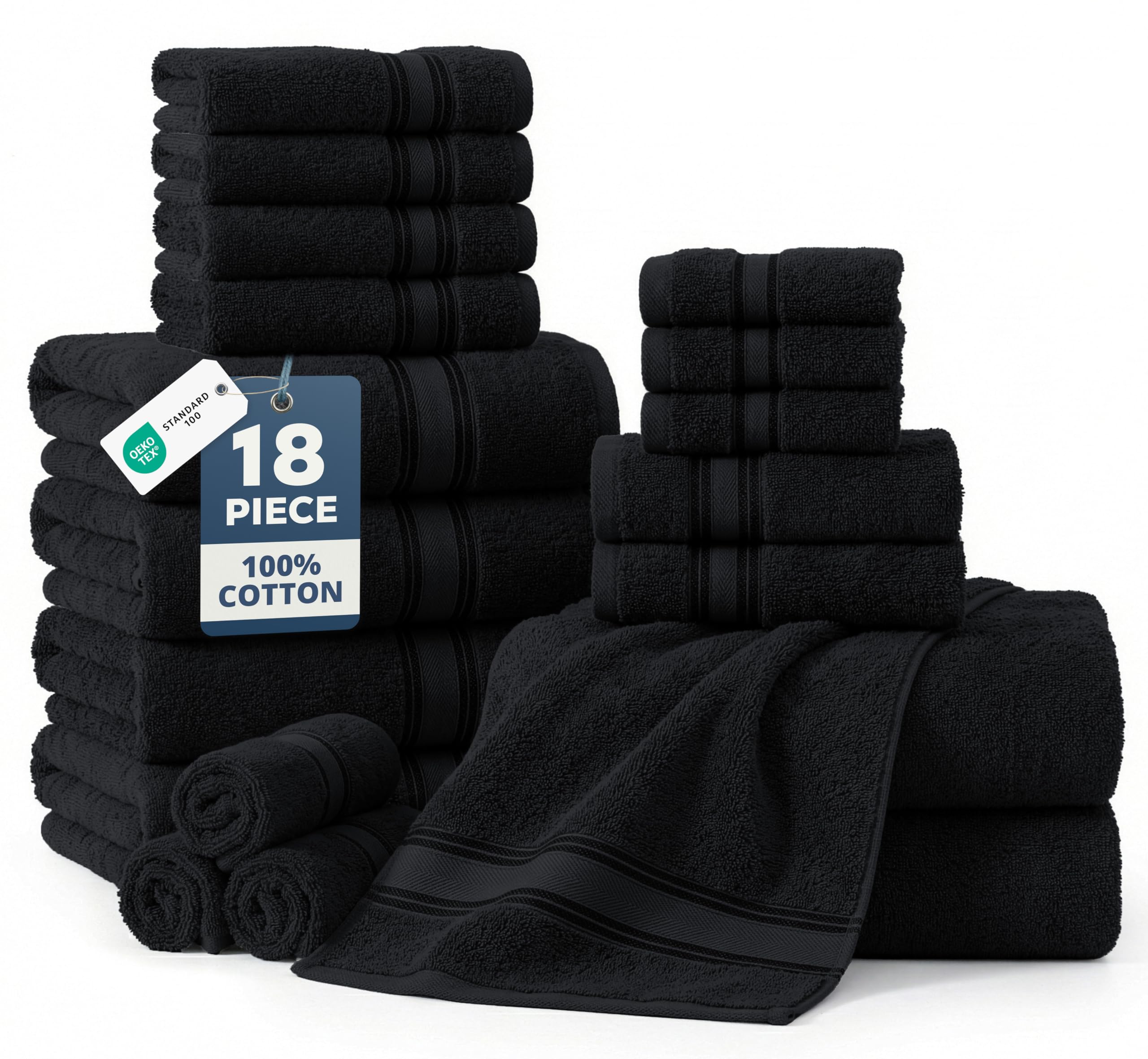 LANE LINEN Luksusowy zestaw ręczników kąpielowych, 100% bawełna, zero twist, szybkoschnący, bardzo miękki ręcznik kąpielowy, 6 ręczników kąpielowych, 6 ręczników do rąk, 6 ściereczek do mycia - czarny