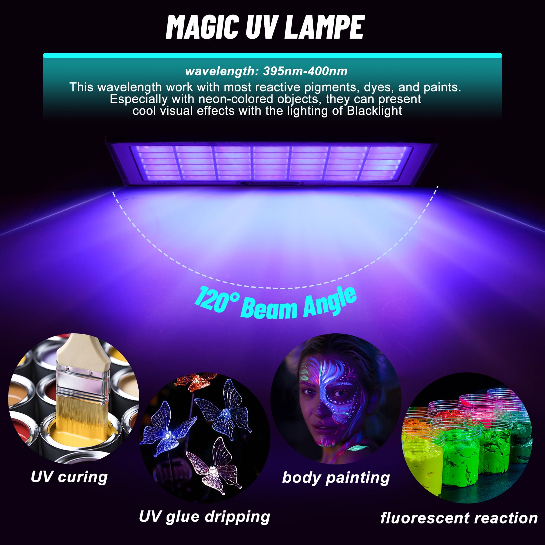 Lumiere Noire 100W 2 pièces, Projecteur Lumière Noire Étanches IP66, 395-400nm Lumiere UV pour Soiree Fluo, Disco DJ, Fête, Halloween, Noël, Peinture Corporelle, Aquariums