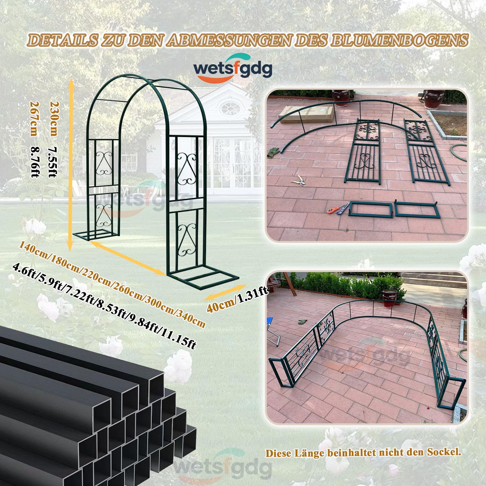 Rosenbogen 180 cm Breit Gartenbogen aus Metall Starker Rankbogen für Kletterpflanzen, Deko für Hochzeit, Balkon & Garten, wetterfest Schwarz-B-L180xW40xH230cm