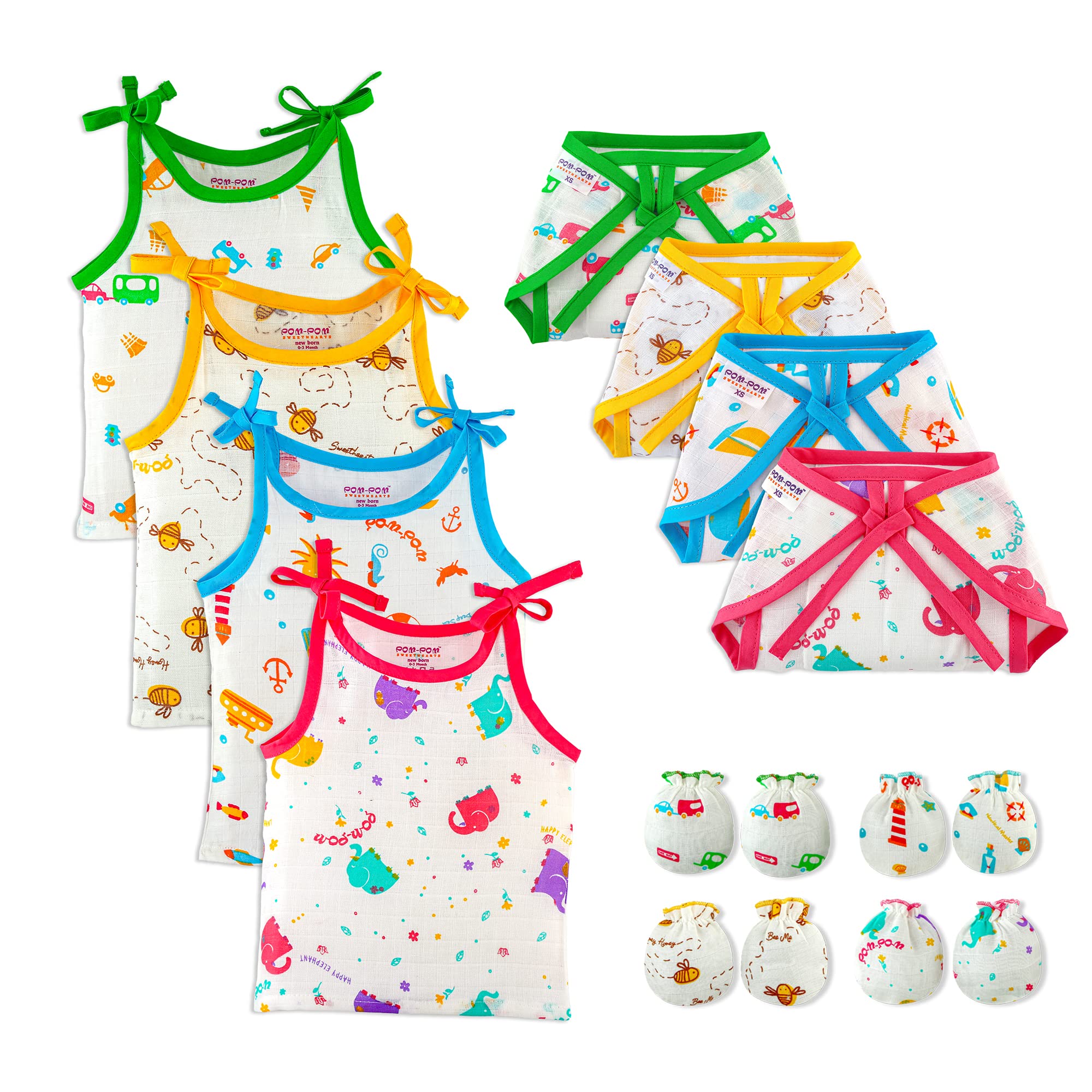 pom-pom SWEET HEARTS New Born Baby Combo Cloth Gift Set - 4 Printed Cotton Sleeveless Knot Jhabla,4 Cotton Cloth Lace Nappy & 4 Cotton Printed Hand Mittens - Pack Of 12(Assorted Prints 0-3 Months))