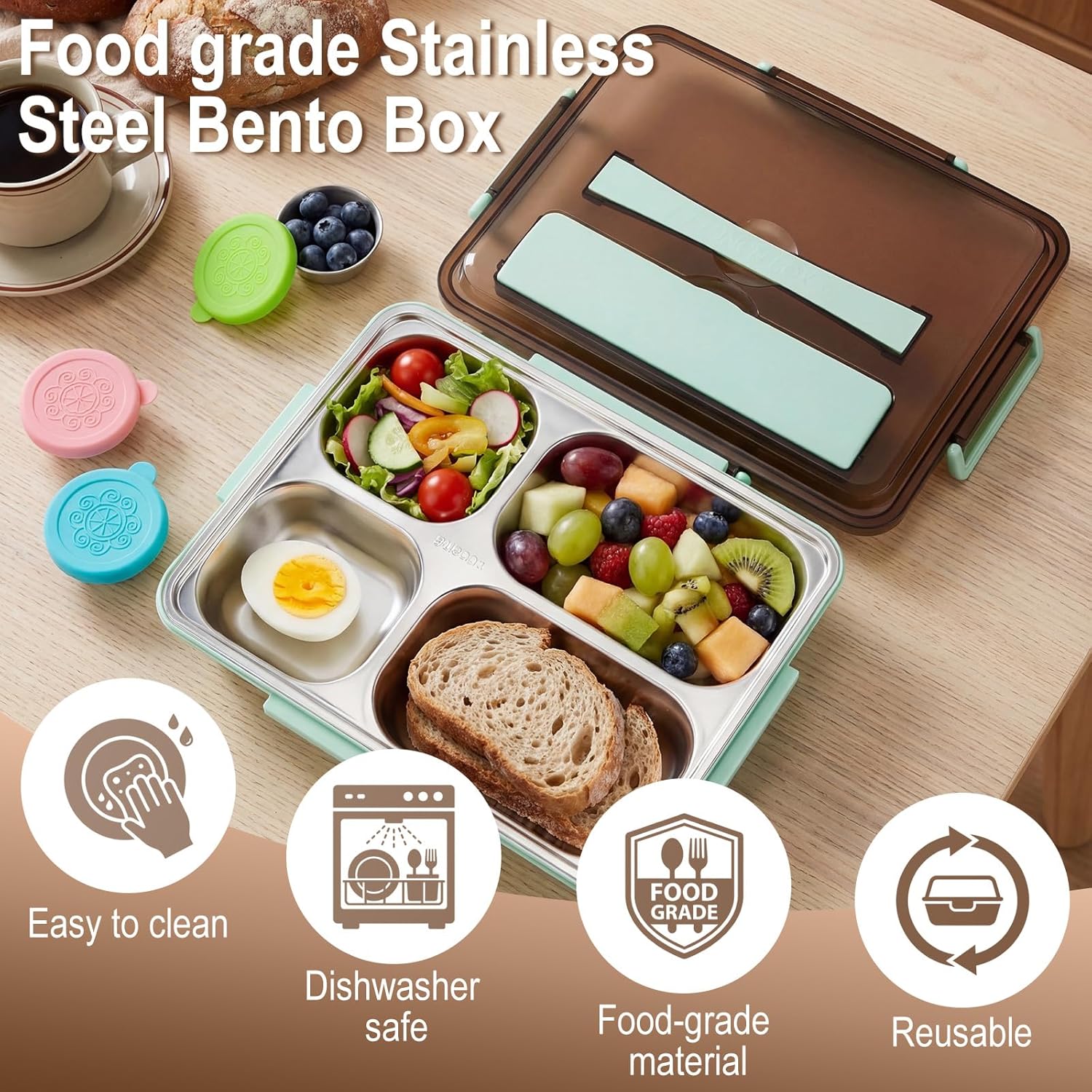 3 Pack Stainless Steel Lunch Boxes Includes 3 Lidded Condiment Cups, 4 Compartment Bento Box Set, Leakproof Lunch Container, Freezer & Dishwasher Safe for Work, Office, Picnic, Travel