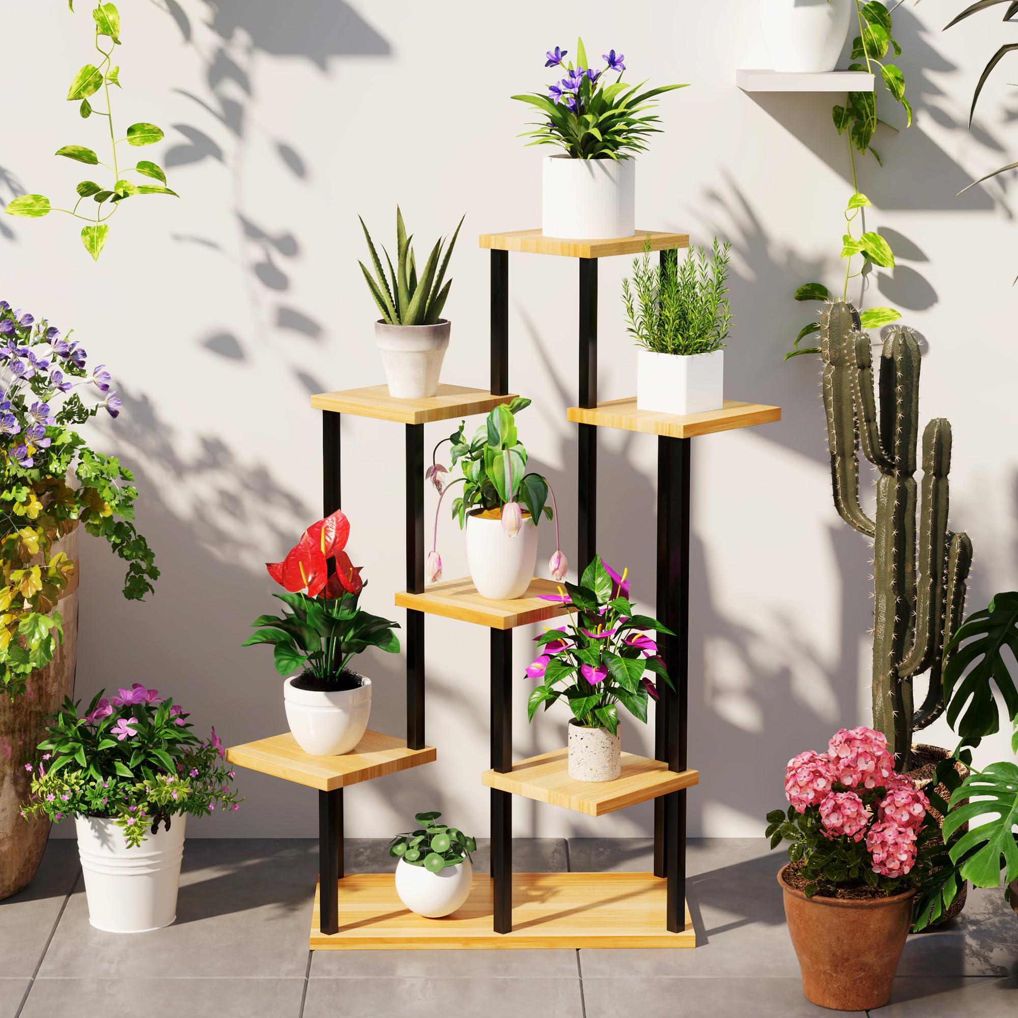 Outsunny Support à plantes à 7 niveaux pour intérieur et extérieur, étagère plante en acier et bois, porte plantes pour jardin, terrasse, balcon, salon, bois naturel