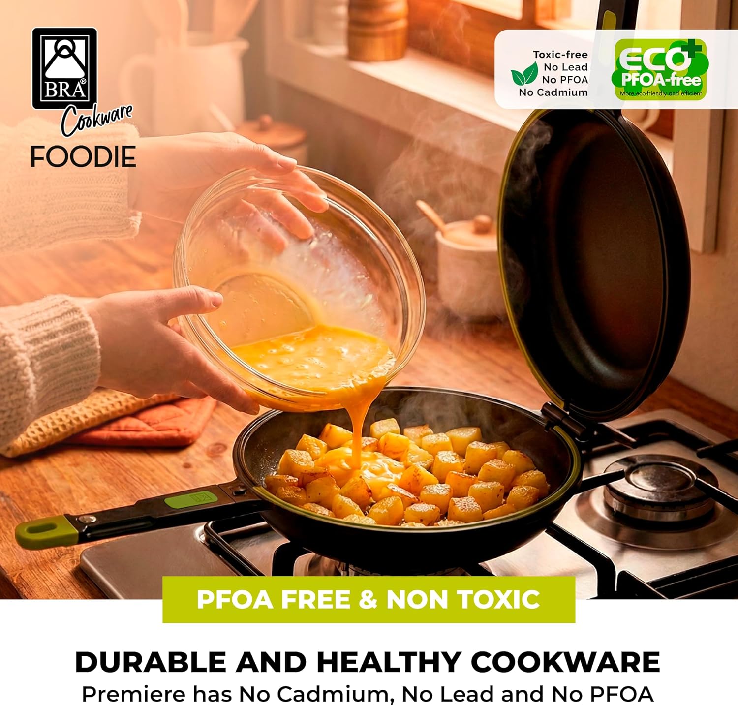 BRA COOKWARE Foodie Dual Frying Pan | 8 inches Double Skillet for Spanish Omelets & Frittatas | PFOA Free Triple Nonstick Coating | Full Induction Reversible Skillet | Cast Aluminum Flip Pan