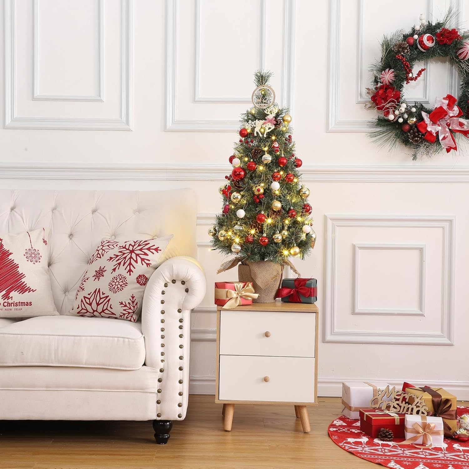 GarveeHome Small Christmas Tree with Lights 3ft, 3ft Christmas Tree Pre-lit with 78 Warm White Led Lights, 3 Foot Christmas Tree Pre-lit with Pine Cones, Cloth Bag Base