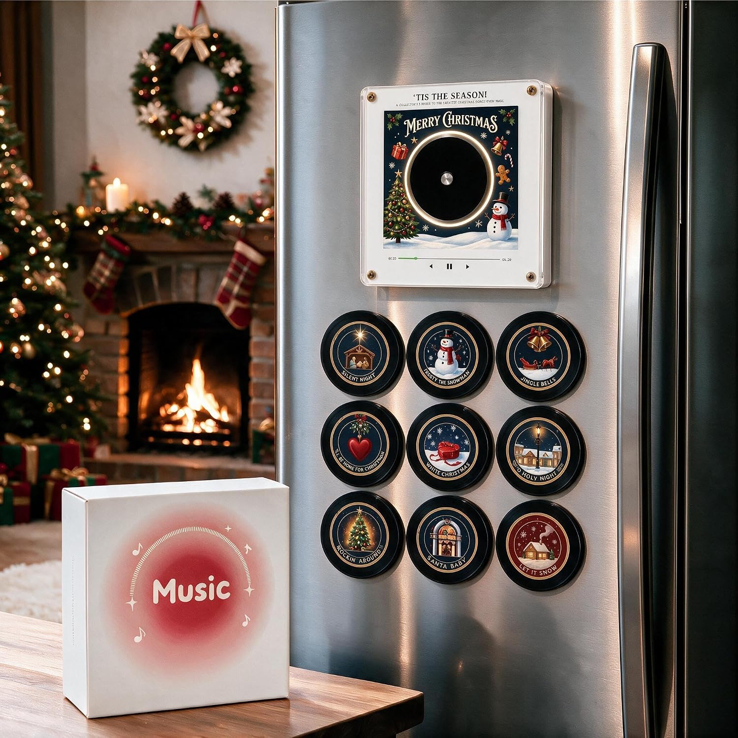Christmas Magnetic Music Player Set, Jingle Vinyl Player Fridge Record with Magnetic Christmas Album Discs, Holiday Music Decor, Cute Collectible Gift for Christmas Lovers