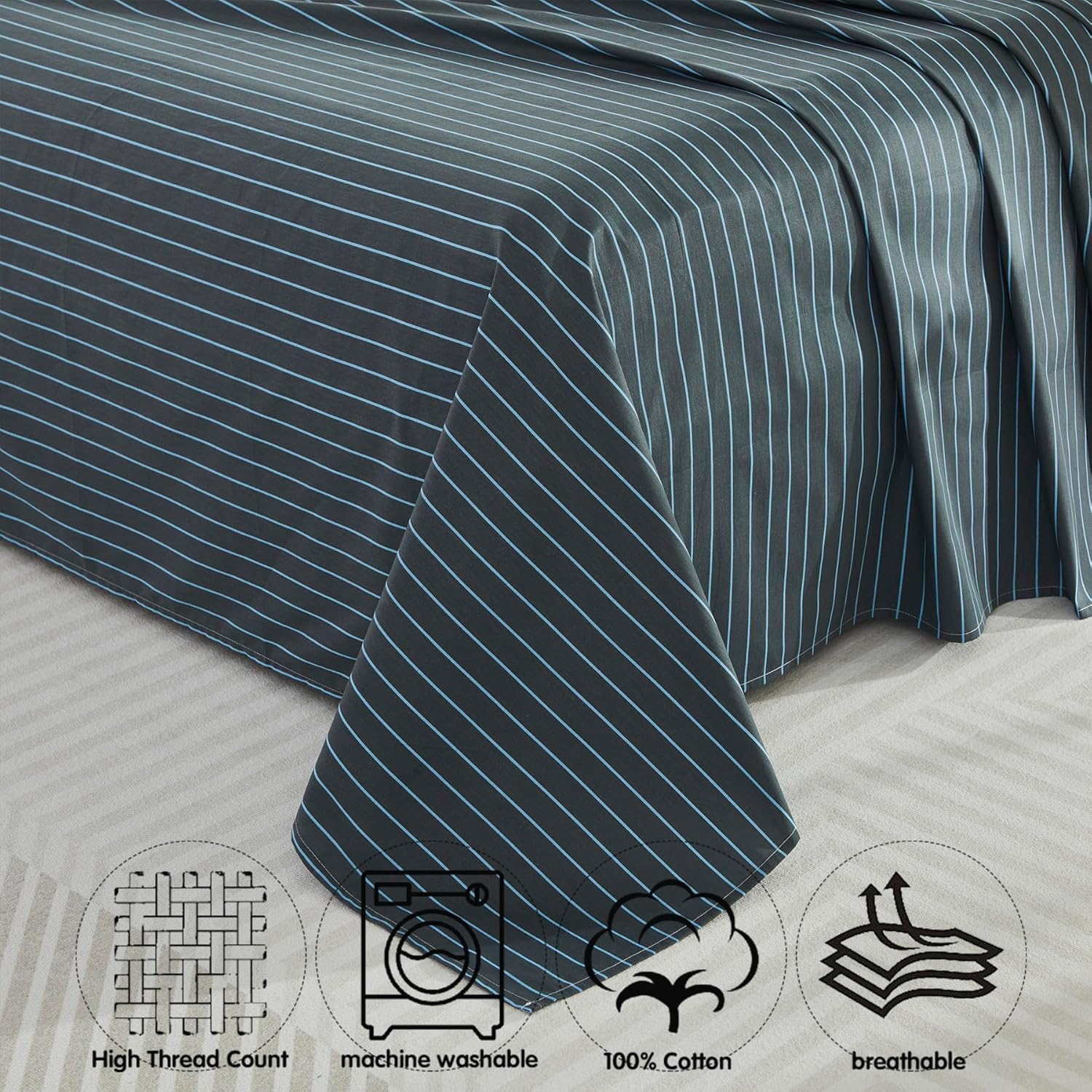 Brandream Kid's Sheet Set Twin Size 100% Cotton 3pcs Print Reversible Striped Boys Bedding Sheet Pillow Cover Set Teen Children Bedroom Set Soft and Breathable (Grey)