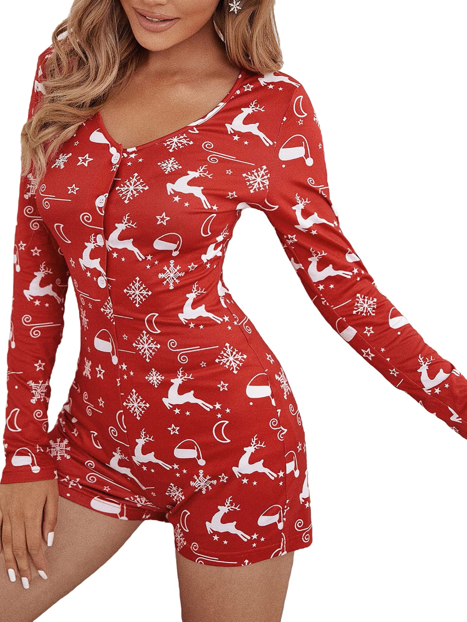 Fiacafyo Women Christmas Shorts Romper Jumpsuit V Neck One Piece Bodysuit Pajama Long Sleeve Bodycon Rompers Overall Sleepwear (B-Red Elk, L)