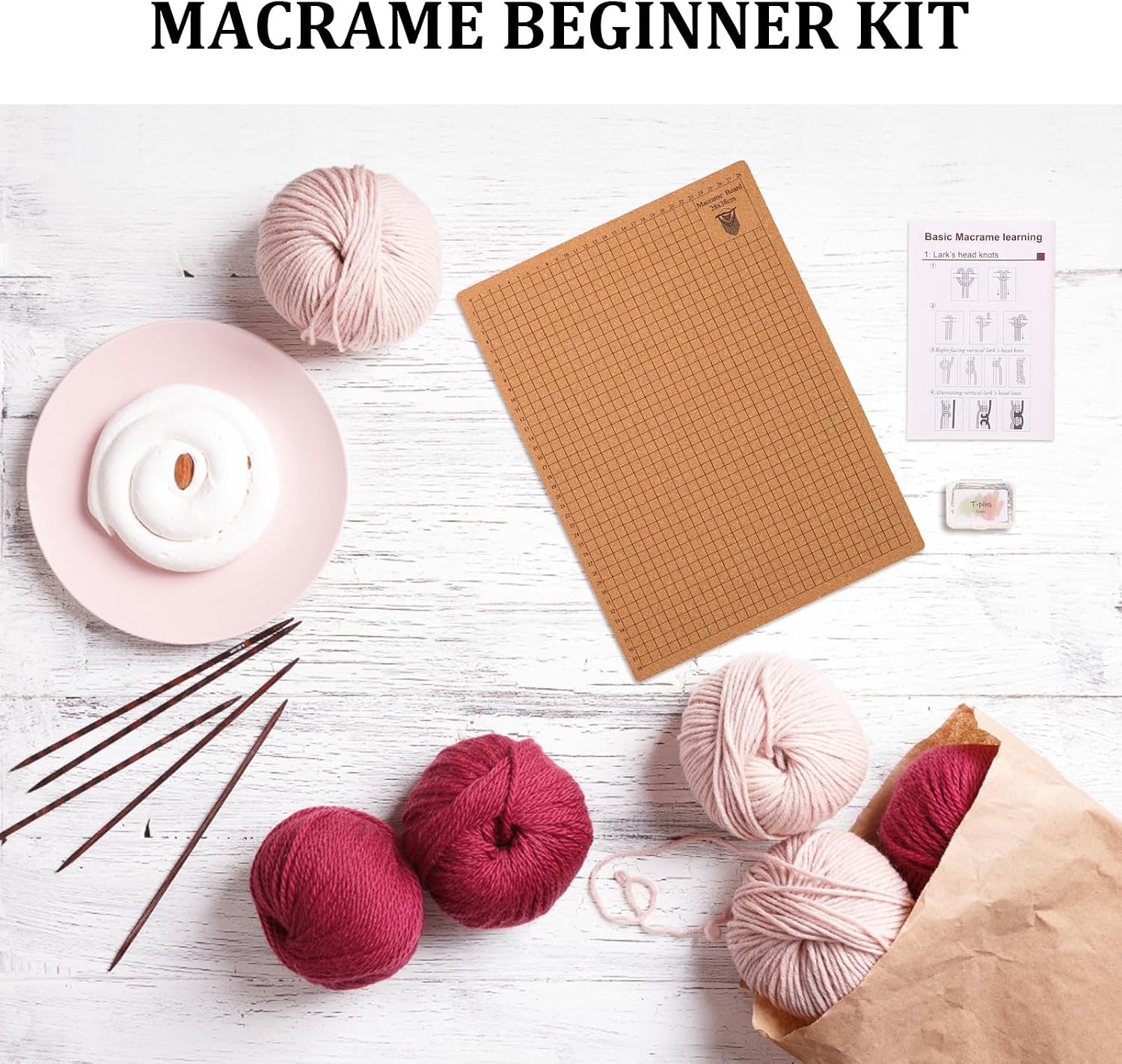 IWOWHERO 1 Set Weaving Macrame Board with T-Shaped Pins for Beginners, Macrame Project Cork Board 16x12in for Braiding Bracelet Crafting