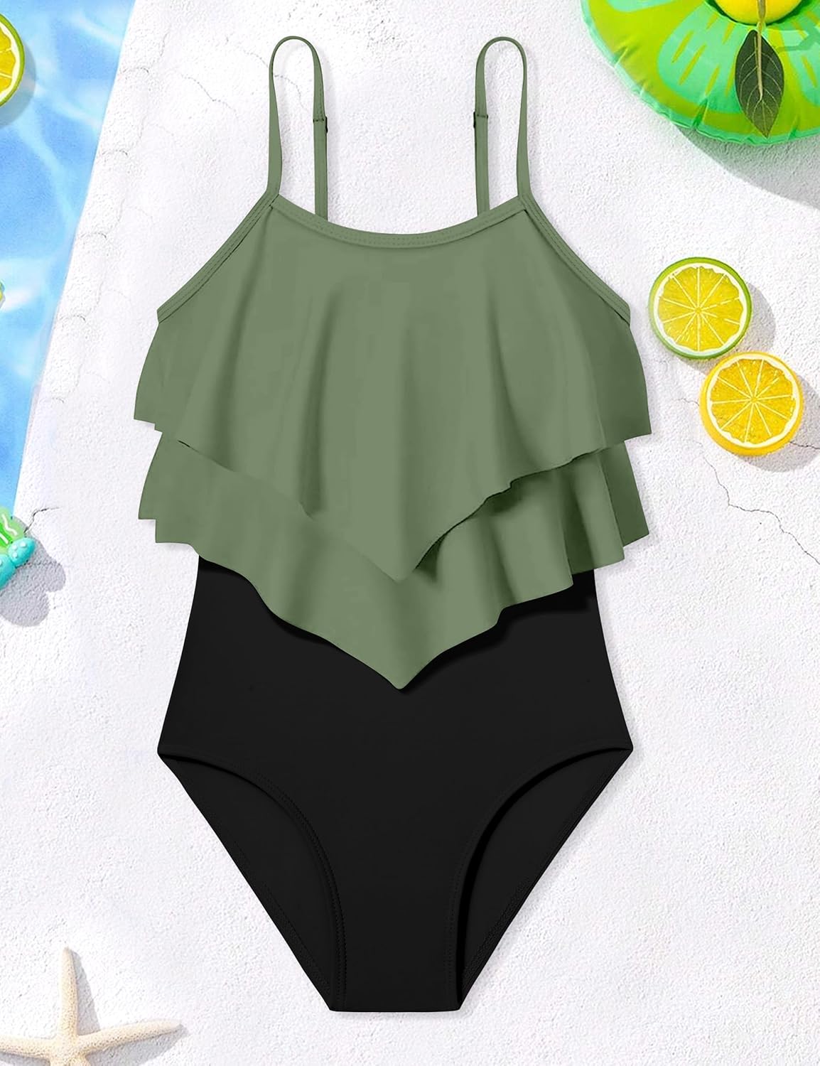 Girls Swimsuit Color Block One Piece Swimsuit 2-Tiered Ruffle Bathing Suit Adjustable Strap Girls' Swimwear 7-16Y - Image 7