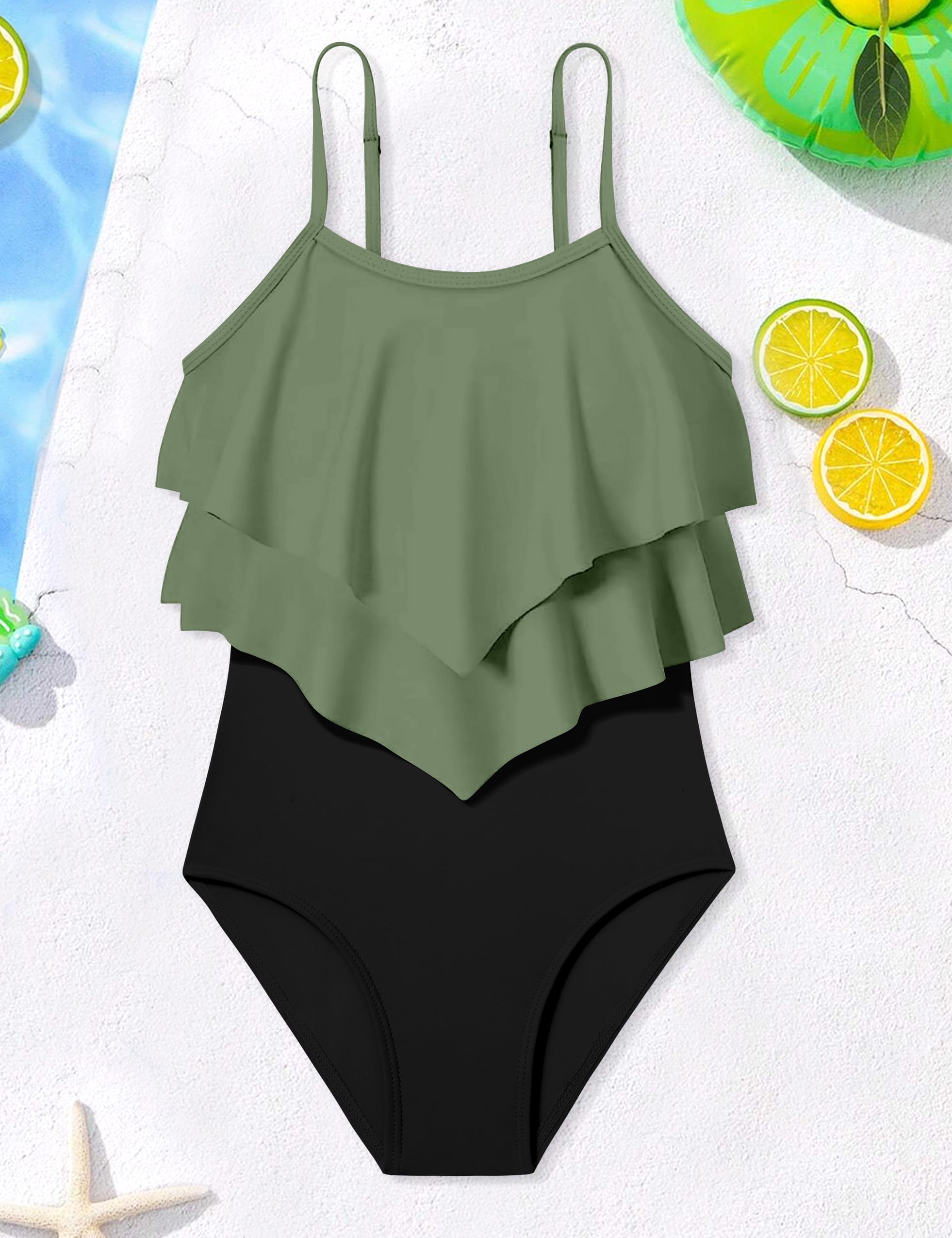 Traje de baño de una pieza con bloques de color para niñas, traje de baño de 2 niveles con volantes, correa ajustable, traje de baño para niñas de 7 a 16 años