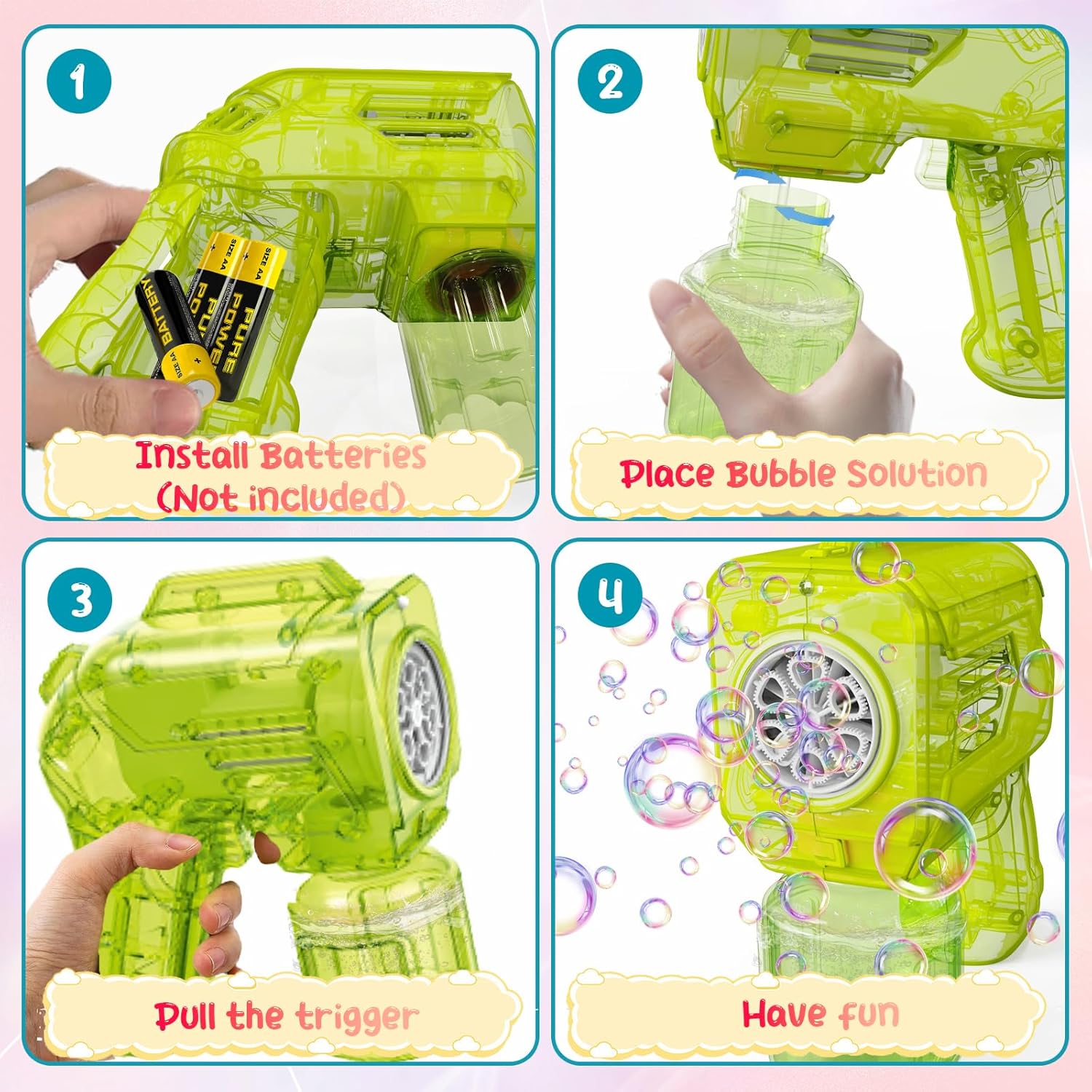 Four-step visual guide showing battery installation, bubble solution attachment, pulling the trigger, and bubbles being produced.