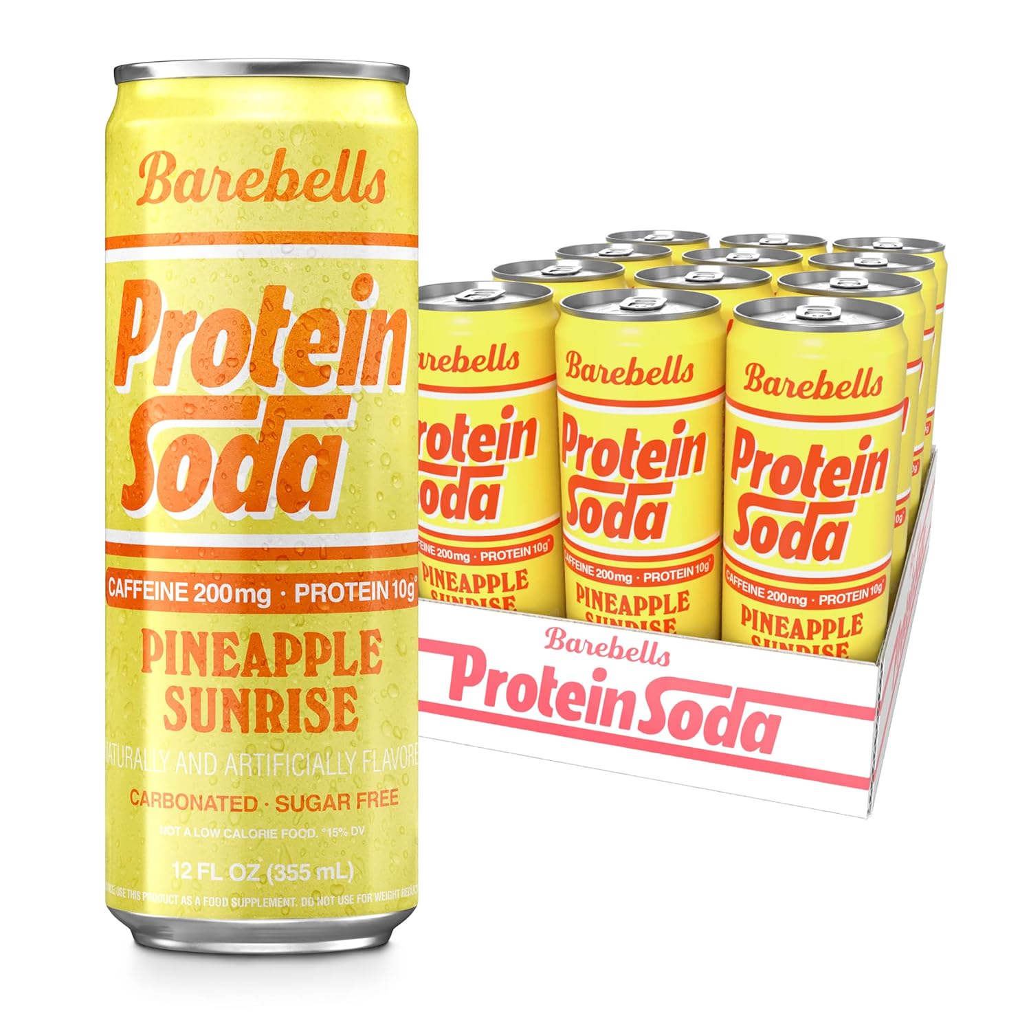 Barebells Protein Soda Pineapple Sunrise Sugar Free 10g Protein 200mg Caffeine B Vitamins Sparkling Energy Drink Ready to Drink 12 Fl Oz