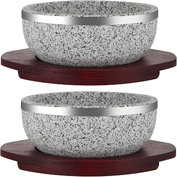 2 Pack Granite Stone Bowl 32 oz, Dolsot Pot with Wood Base for Cooking and Serving Korean Bibimbap, Soup, Rice, Ramen, Stew