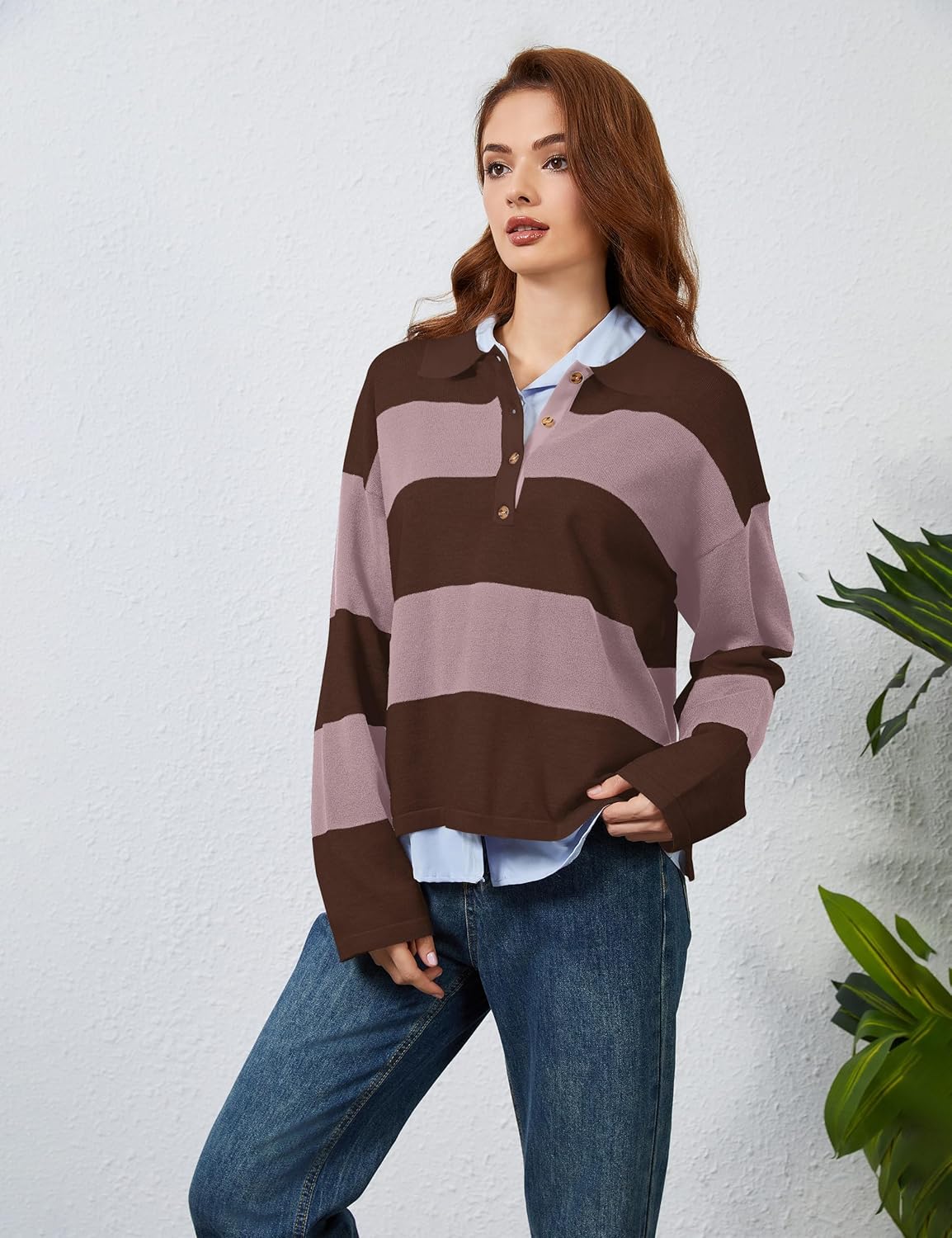 Womens Striped Sweater Shirts Lapel Polo V Neck Long Sleeve Strip Knit Pullover Casual Layer Top Jumper Y2K Shirt - Image 8