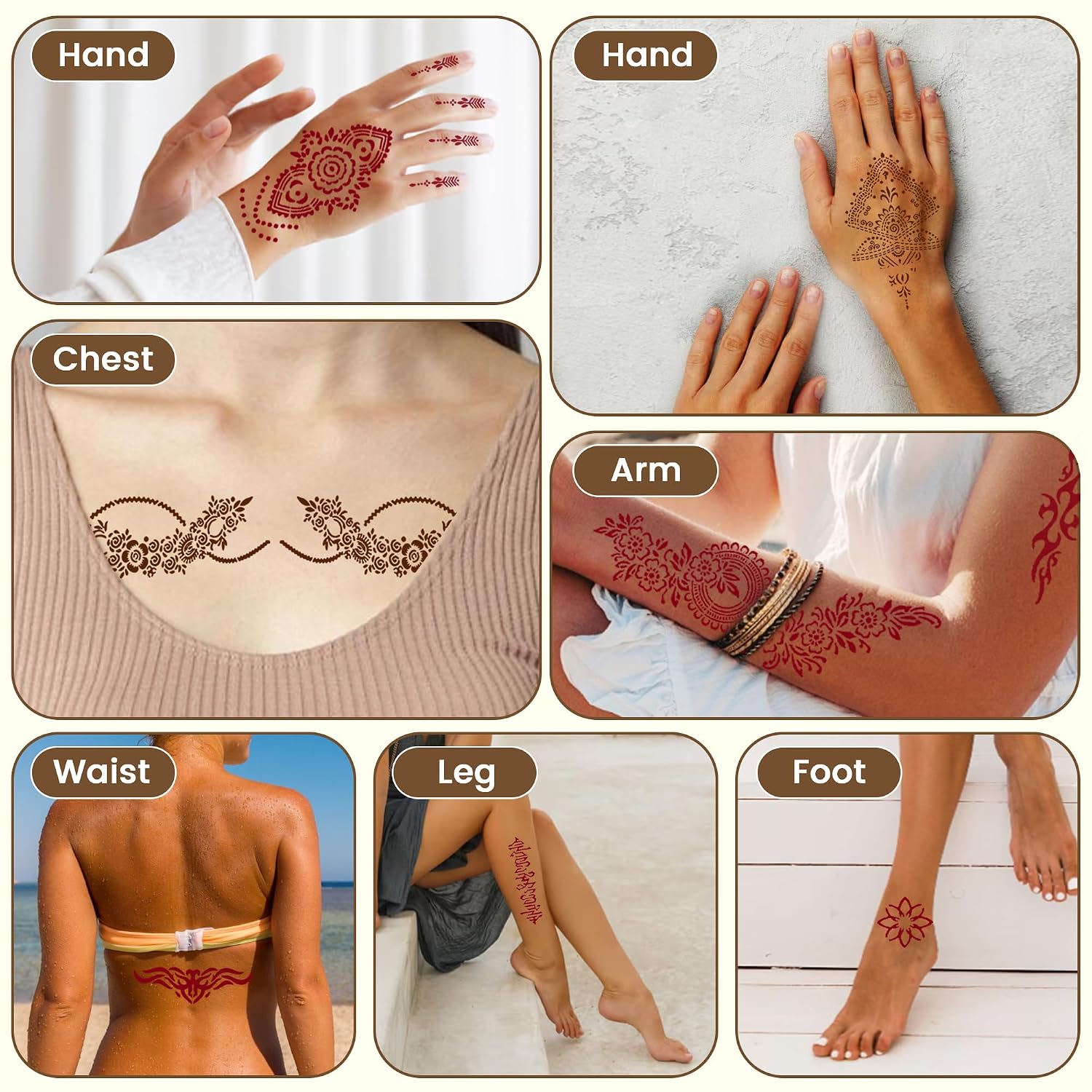 130 PCS Temporary Tattoo Stencils Kit, 6 Tattoo Cones (Brown/Black/Cherry Red), DIY Body Art Set with Tattoo Outline Pen, Gloves & Brush Tools for Women, Men, Kids, Parties & Gifts
