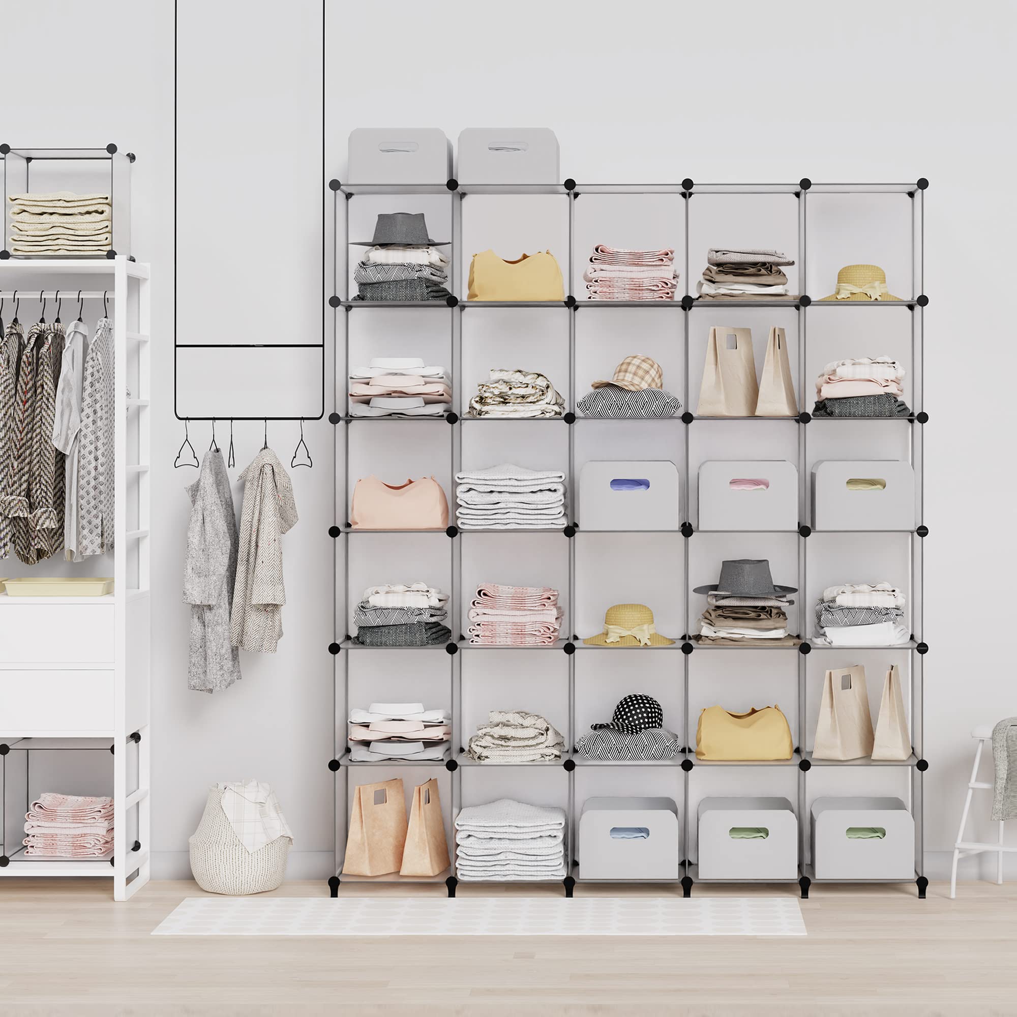 HOMIDEC Système d’étagères de rangement, en plastique, 40 cubes, modulaire, armoire pliante, enfichable, séparateur pièce, organisateur vêtements, chaussures, jouets, livres, pour chambre à coucher