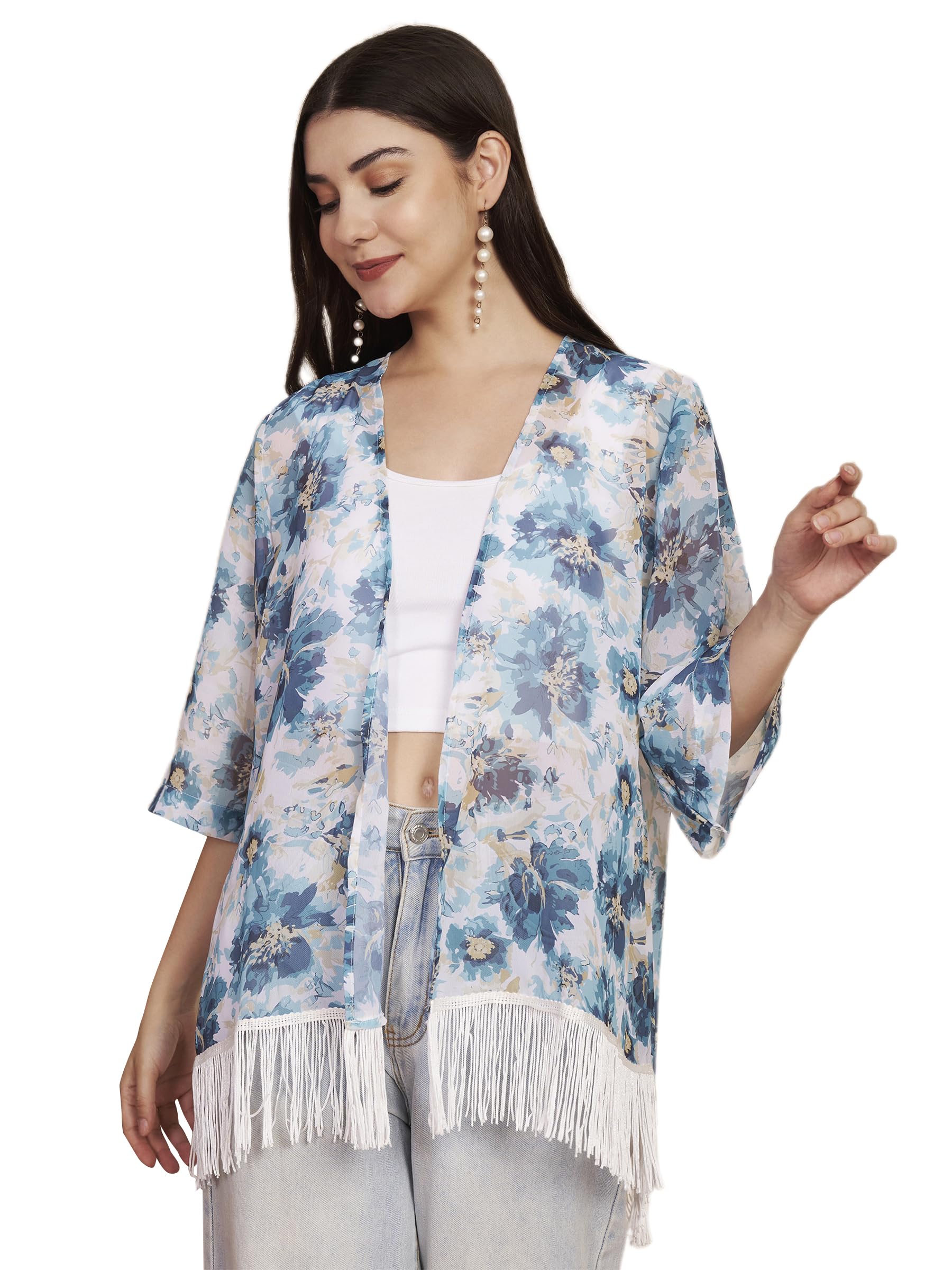 fbella Women Blue Floral Georgette Shrug with Fringe Hemline-picture-22