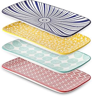 Selamica Ceramic Rectangular Serving Platters Set of 4, 12 Inch Serving Trays/Dishes for Party Entertaining, Rectangular Dinner Plates for Appetizer Salad Dessert Sushi, Assorted Colors