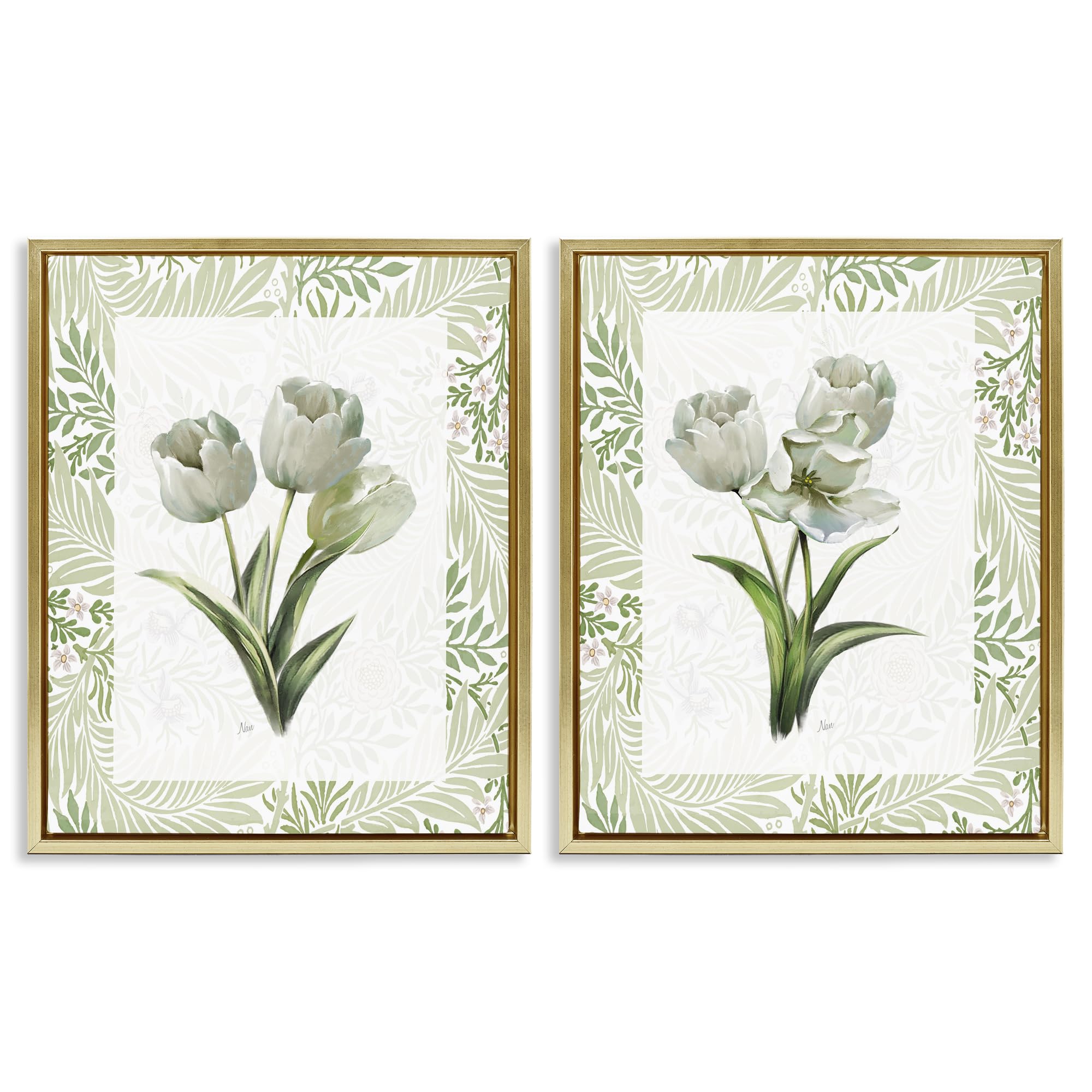 Stupell Industries Soft Green Tulip Trio 'Soft Green Tulip Trios', 2Pc Floating Frame Art Set 2, Gold, 25 X 31 Inches, Easy To Hang And Sturdy, Made In Usa, By Nan