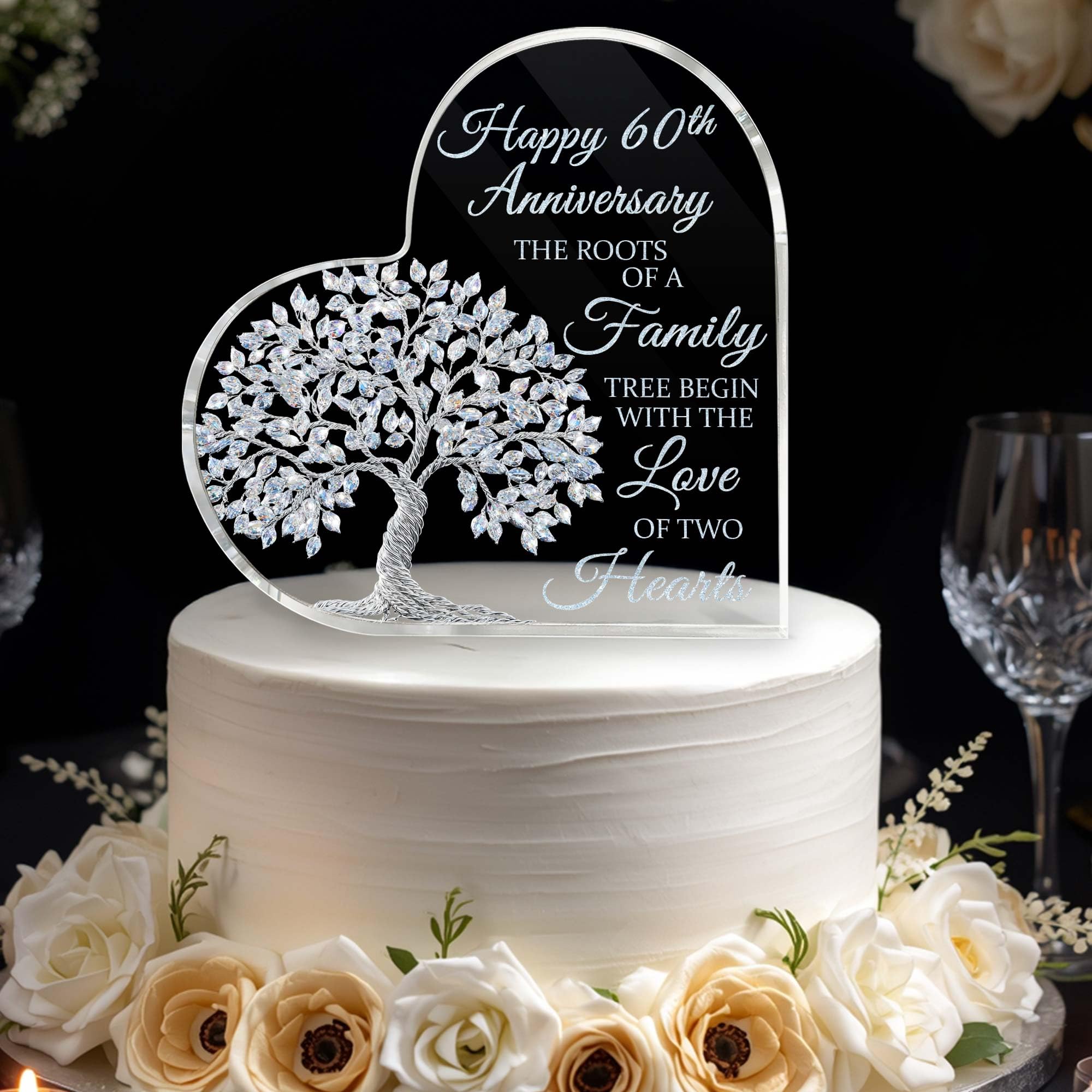 60th Wedding Anniversary Heart Acrylic Plaque, 60th Diamond Wedding Cake Topper Decorations, 60 Years Of Married Gifts For Parents or Grandparents, Tree of Life Anniversary Wedding Gifts for Couples